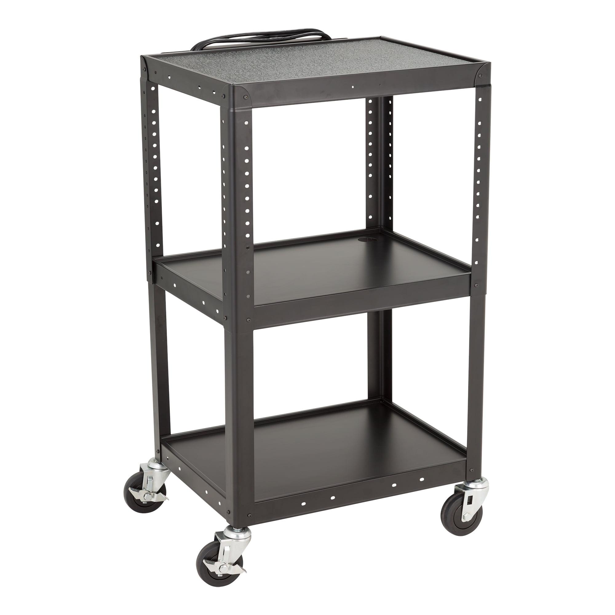 Adjustable Height Black Metal AV Cart with Electric Power Strip