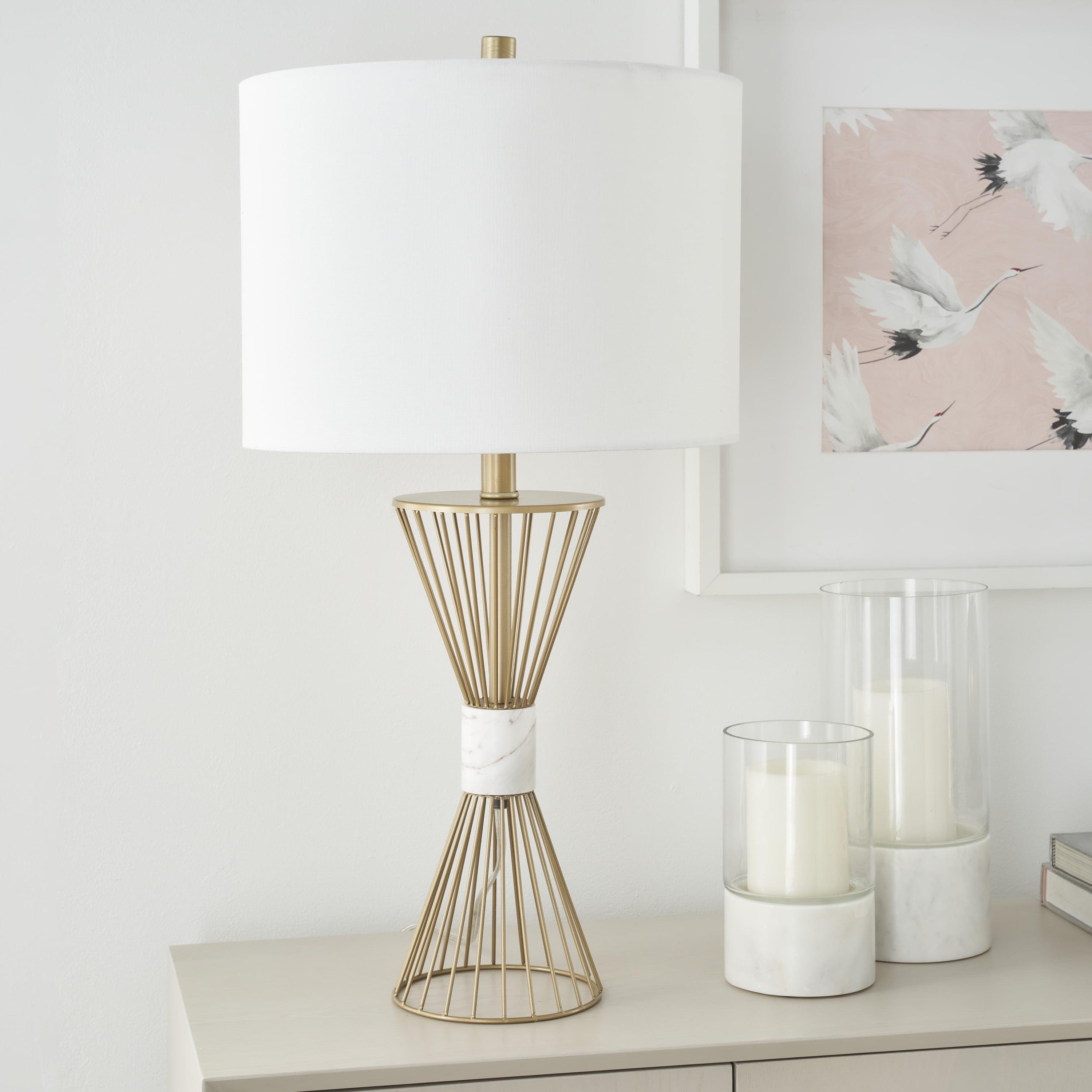 Gold Metal and Marble Wire Triangle Table Lamp with Drum Shade