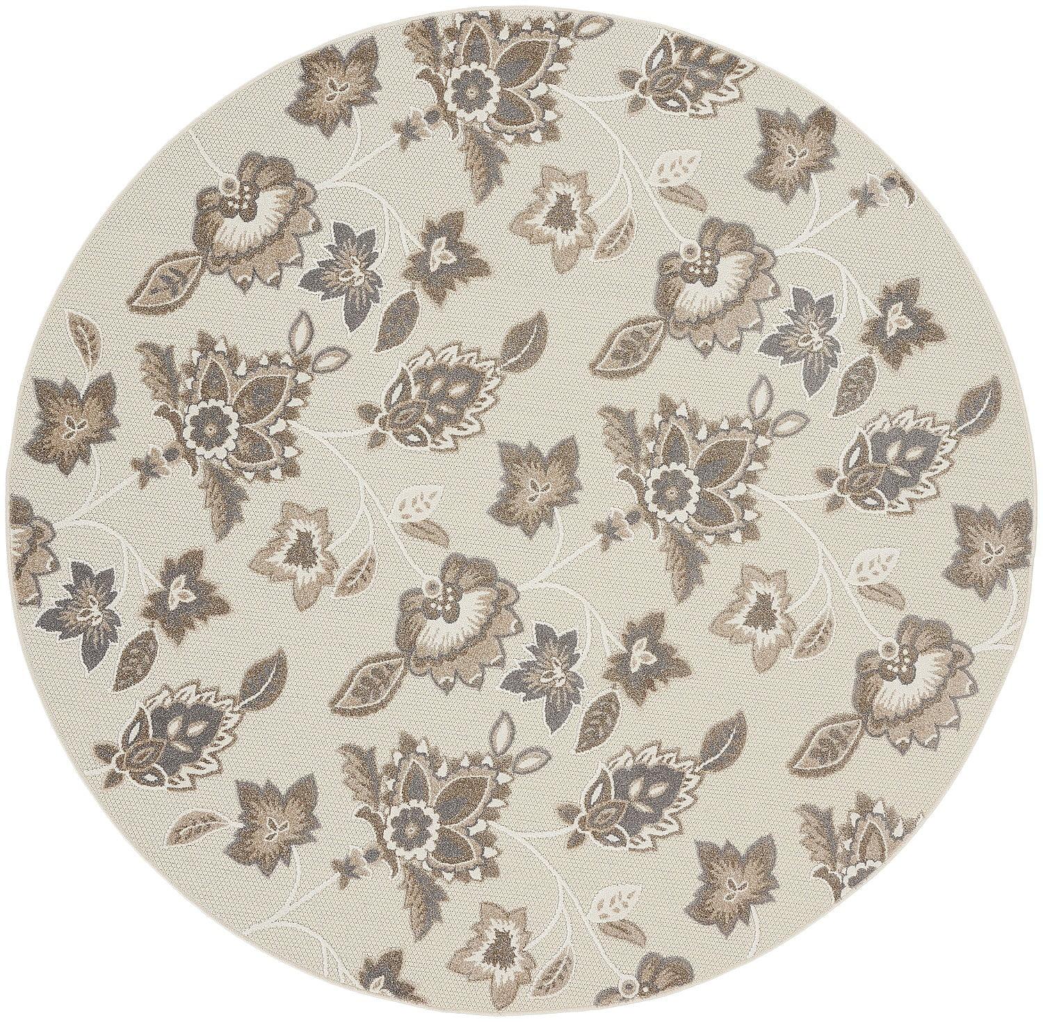 Nourison Aloha Floral Farmhouse Flatweave High-Low Indoor Outdoor Round Rug Beige 7’10” x 7'10"