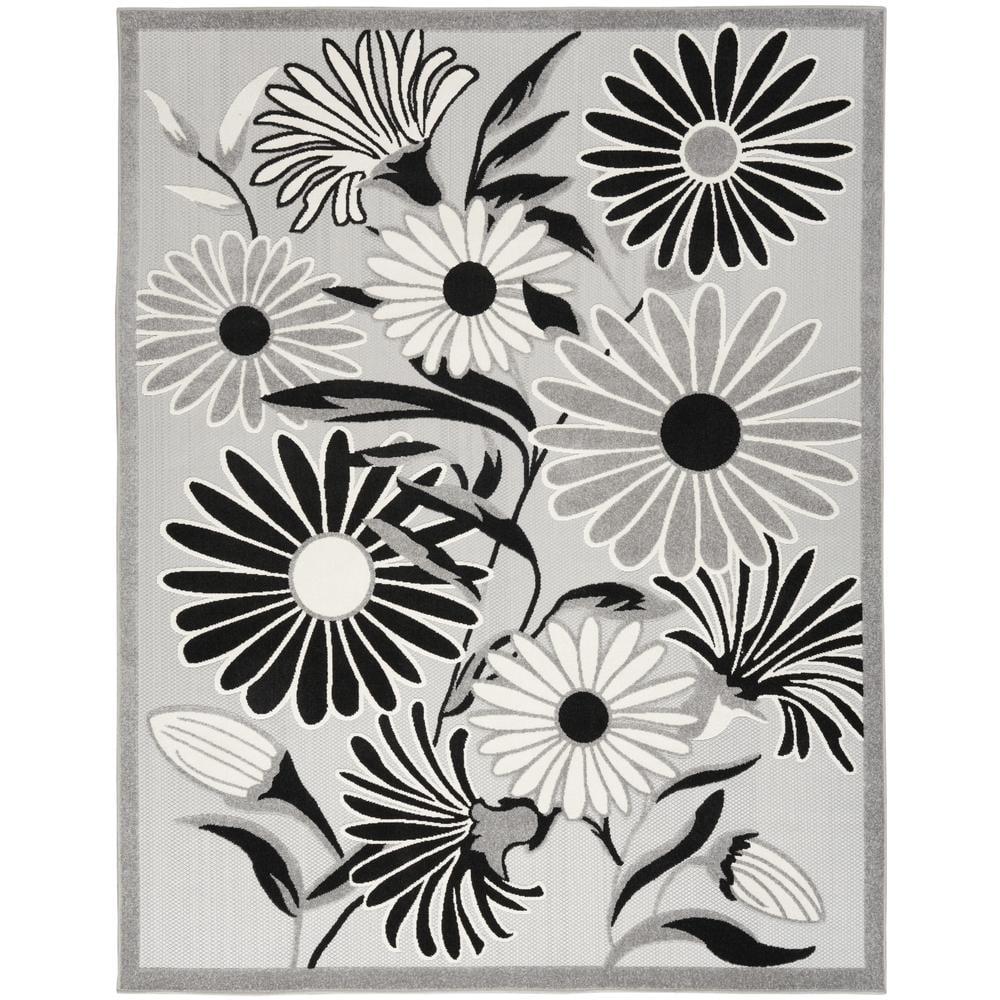 Nourison Aloha 5'3" x 7'5" Black White Contemporary Floral Flatweave Indoor/Outdoor Area Rug