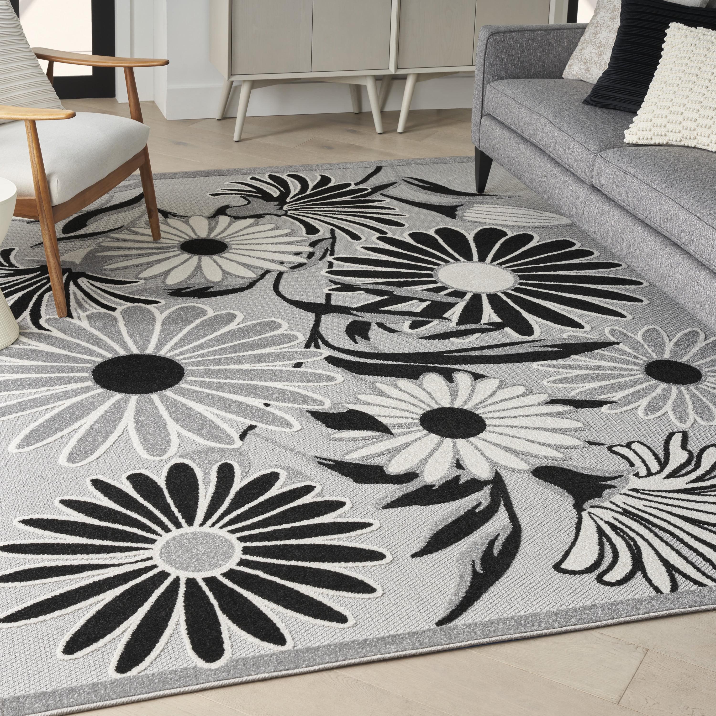 Black White Floral Synthetic 9' x 12' Area Rug