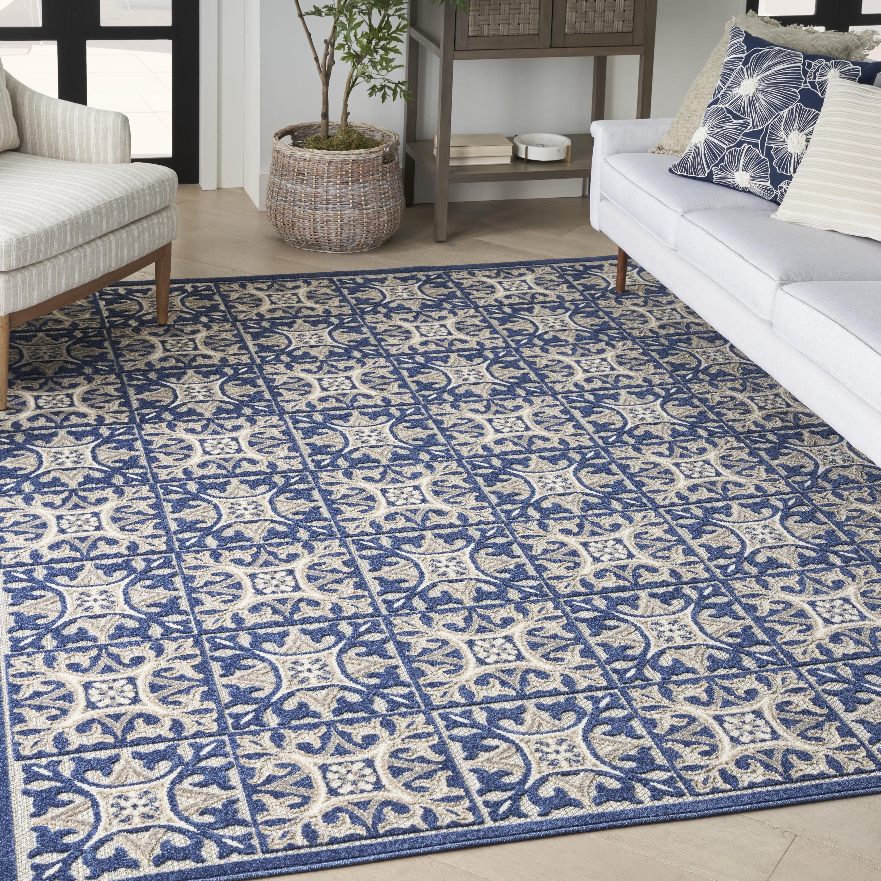Reversible Geometric Blue Synthetic 9' x 12' Area Rug