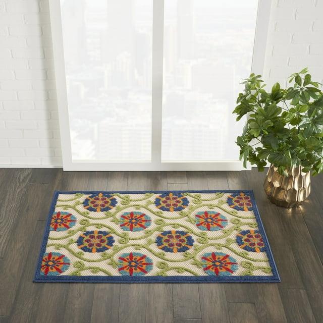 Nourison Aloha Contemporary Floral Flatweave High-Low Indoor Outdoor Area Rug Blue/Multicolor 2'8" x 4'