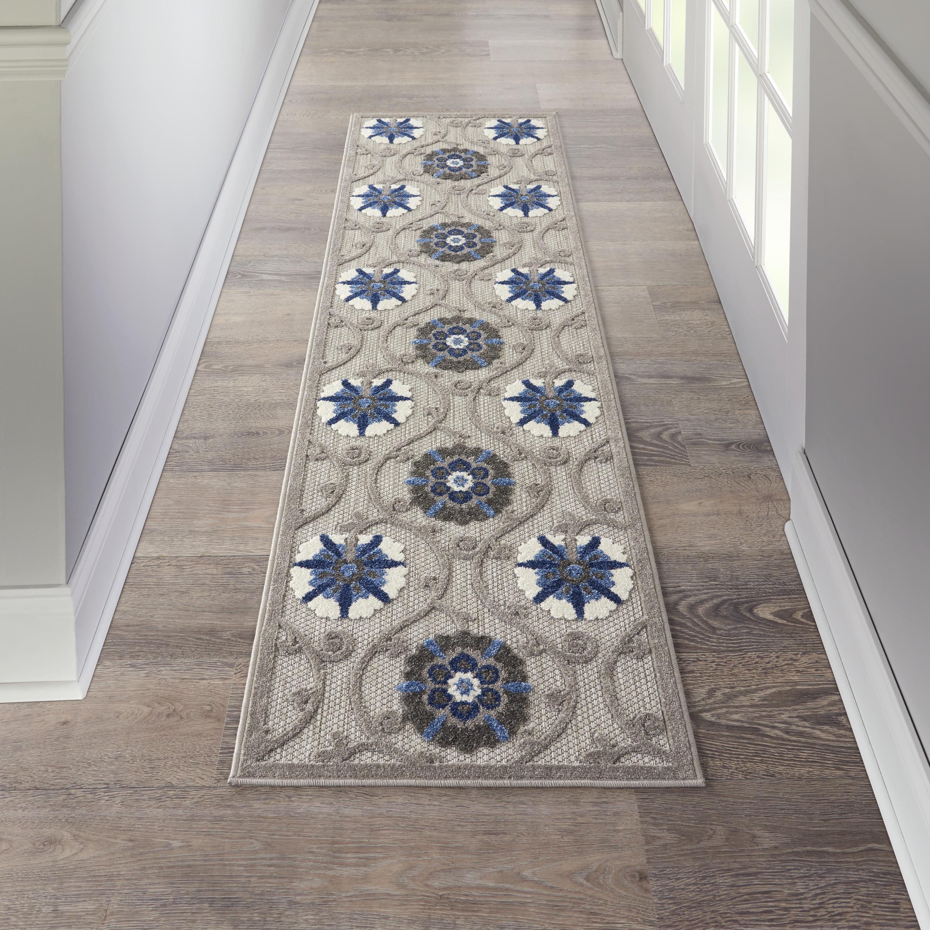 Blue/Grey Floral Flat Woven Synthetic Outdoor Rug, 2'3" x 8'