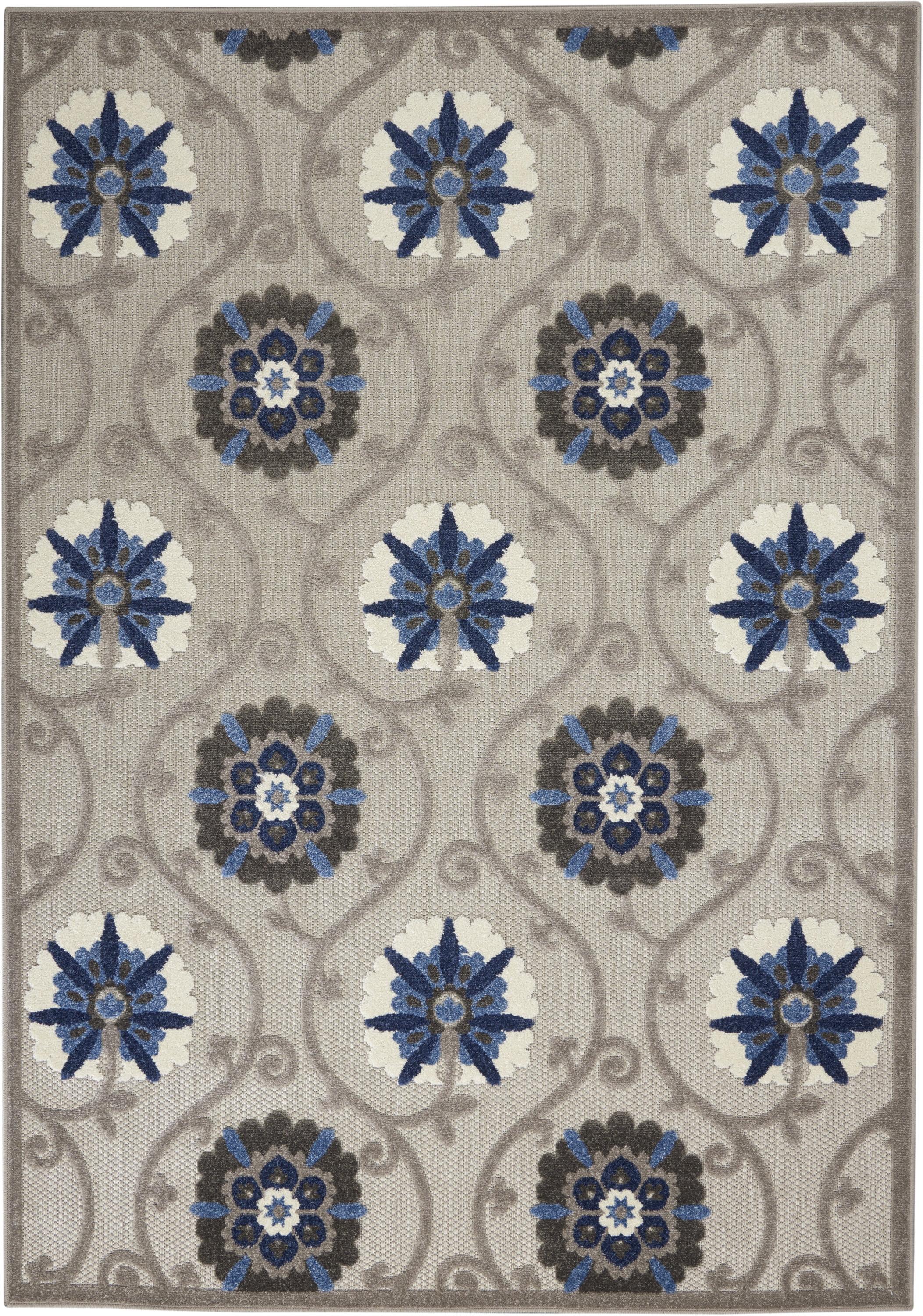 Aloha Floral Blue/Grey Synthetic 5'3" x 7'5" Indoor/Outdoor Rug