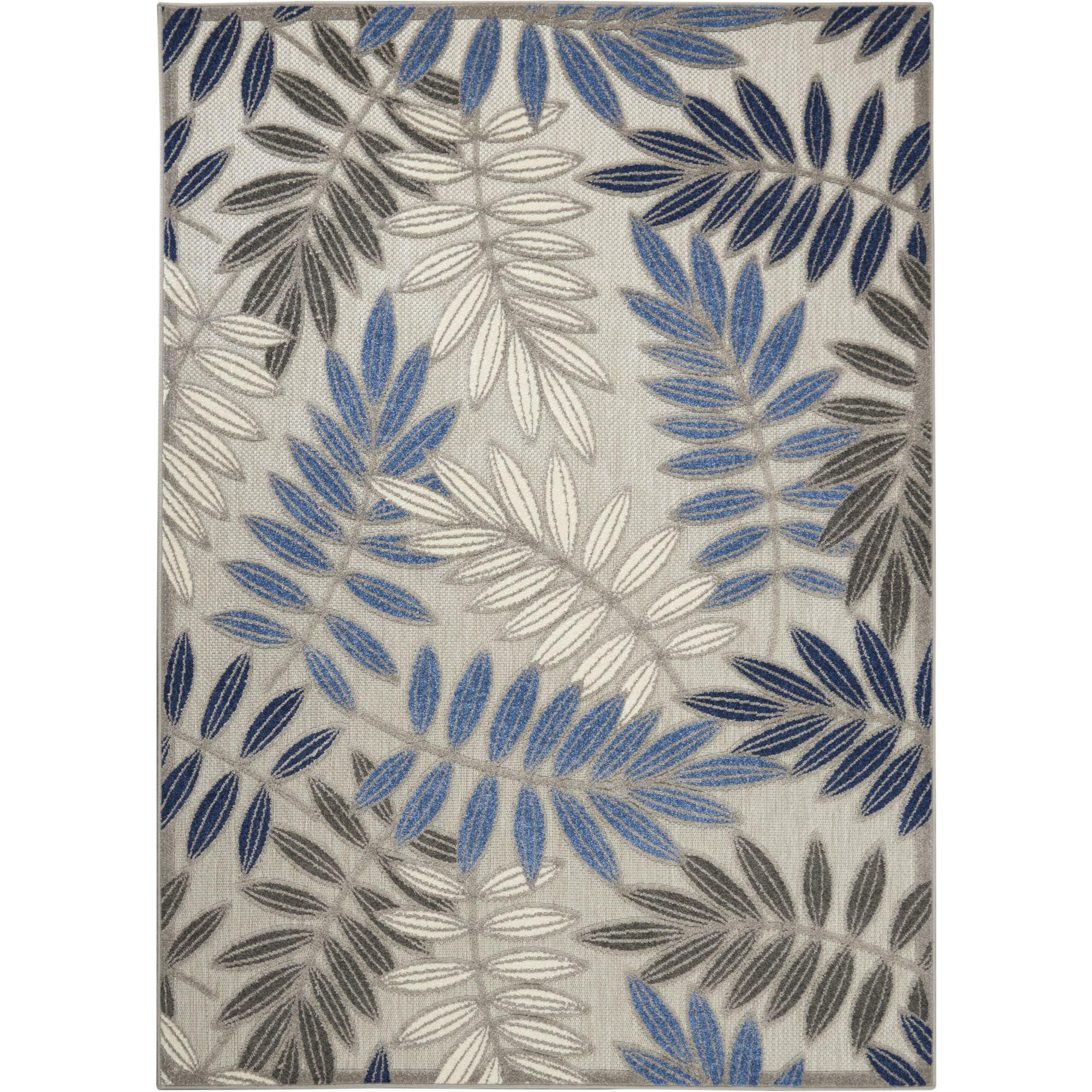Nourison Aloha Floral Leaf Flatweave High-Low Indoor Outdoor Area Rug Grey/Blue 5'3" x 7'5"