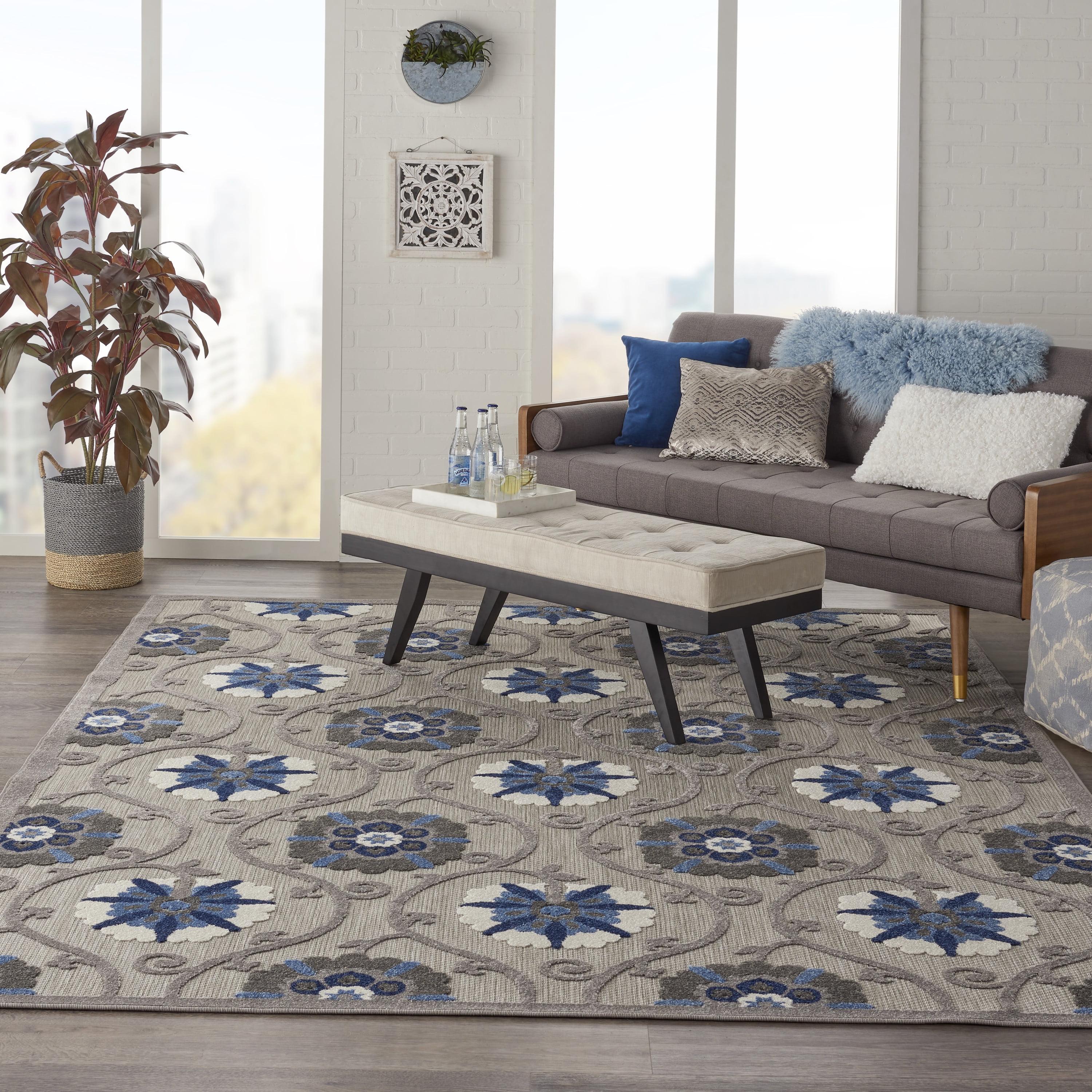 Blue and Grey Floral Synthetic 8' x 10' Outdoor Rug