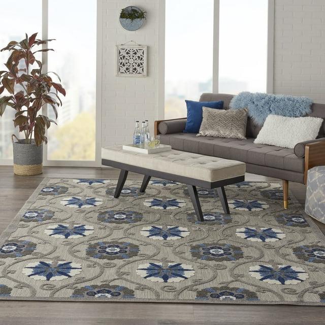 Nourison Aloha Contemporary Floral Flatweave High-Low Indoor Outdoor Area Rug Grey/Blue 9'6" x 13'