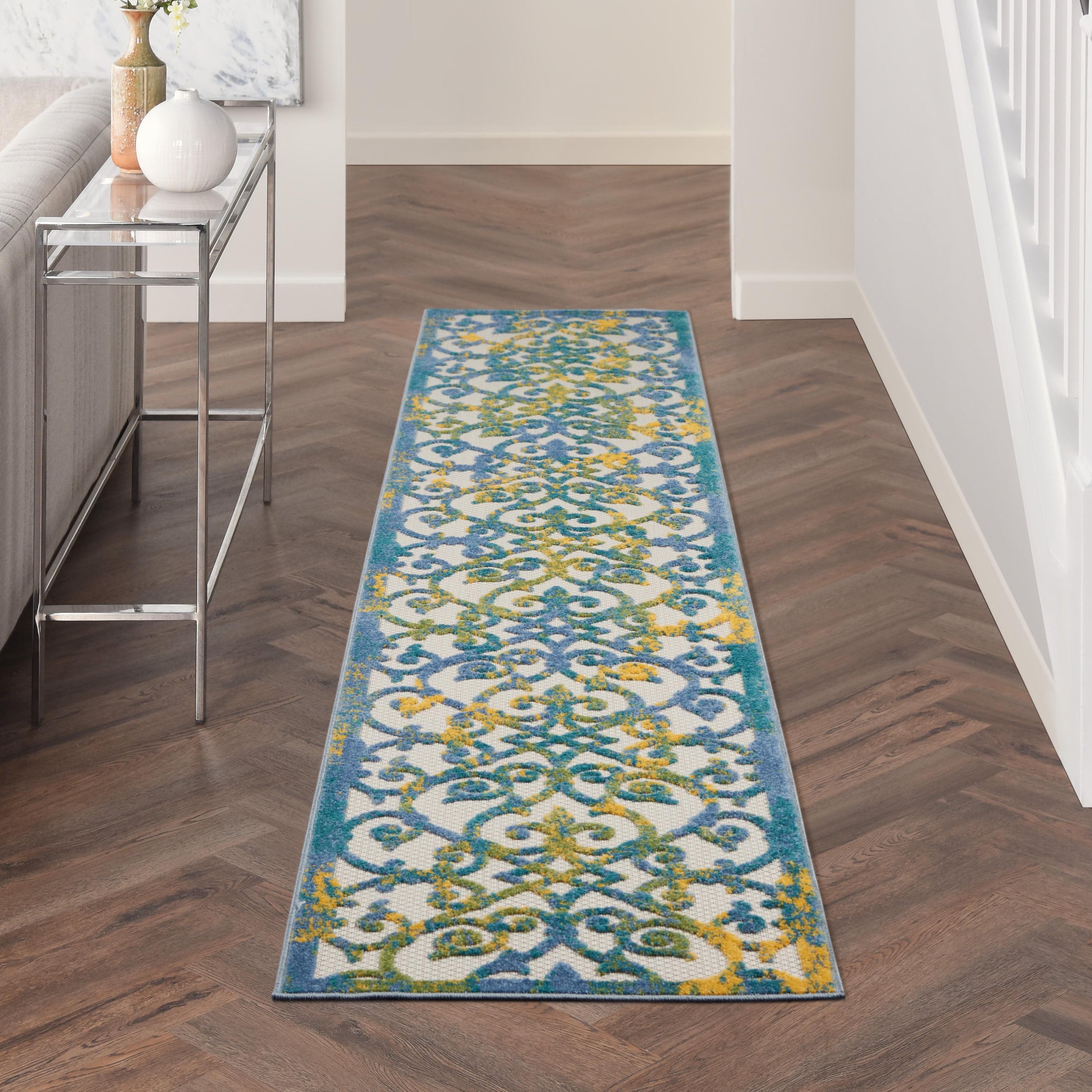 Nourison Aloha Contemporary Scroll Flatweave High-Low Indoor Outdoor Runner Rug Ivory Blue 2'3" x 10'