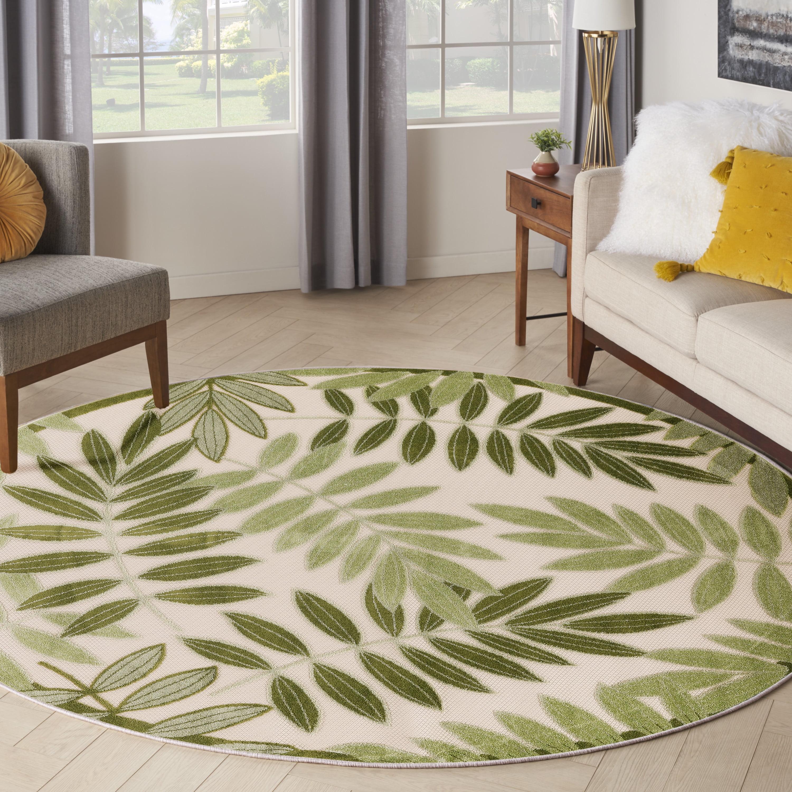 Ivory Green Round Flat Woven Leaf Outdoor Rug