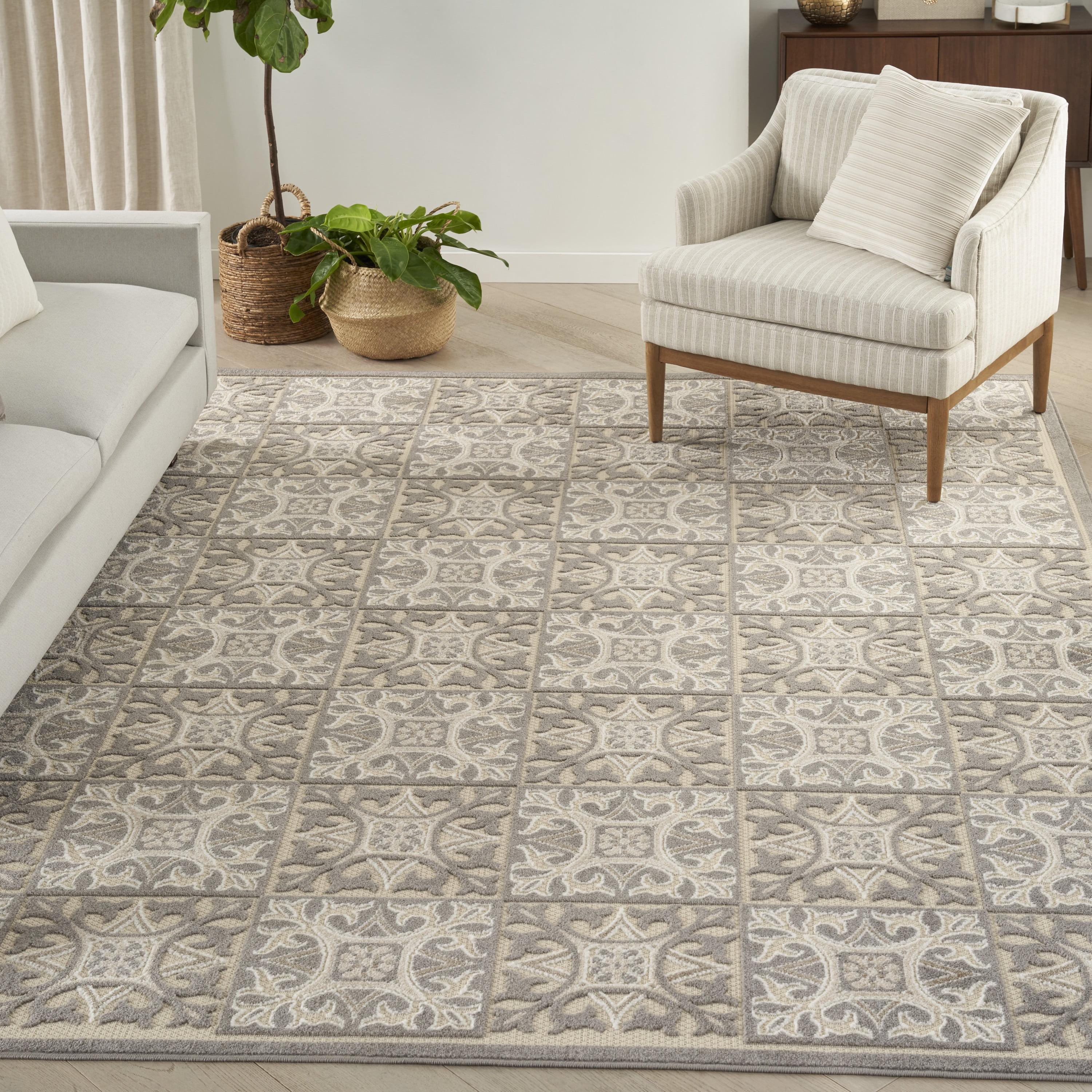 Ivory Grey Geometric 6' x 9' Easy-Care Synthetic Area Rug