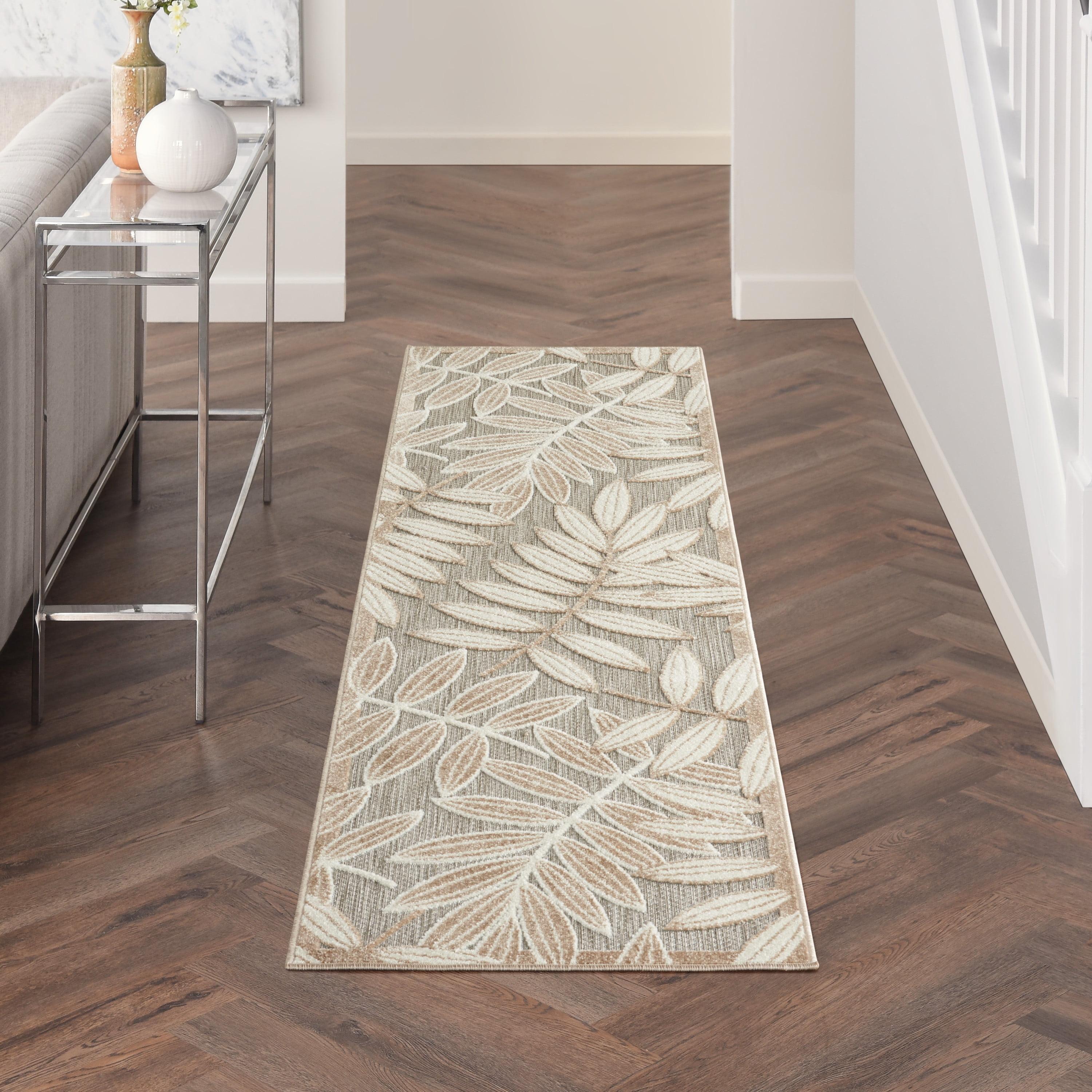 Natural Beige and Gray Floral Leaf Outdoor Runner Rug