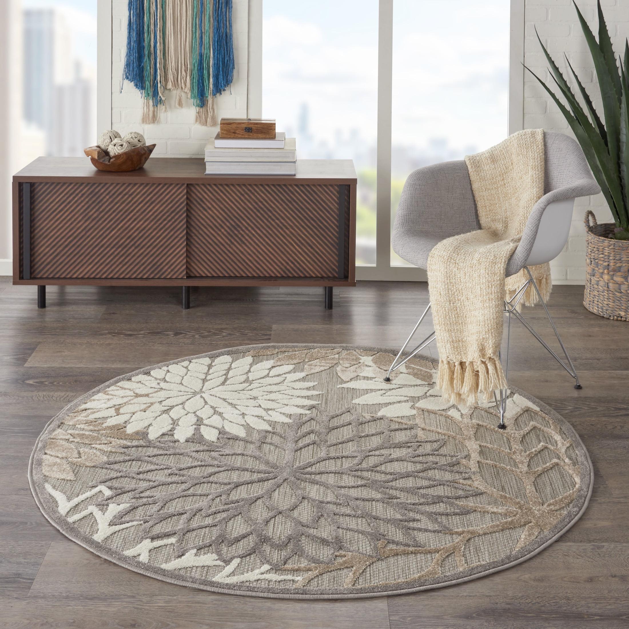 Nourison Aloha Floral Bloom Flatweave High-Low Indoor Outdoor Round Rug Natural 5'3" x 5'3"