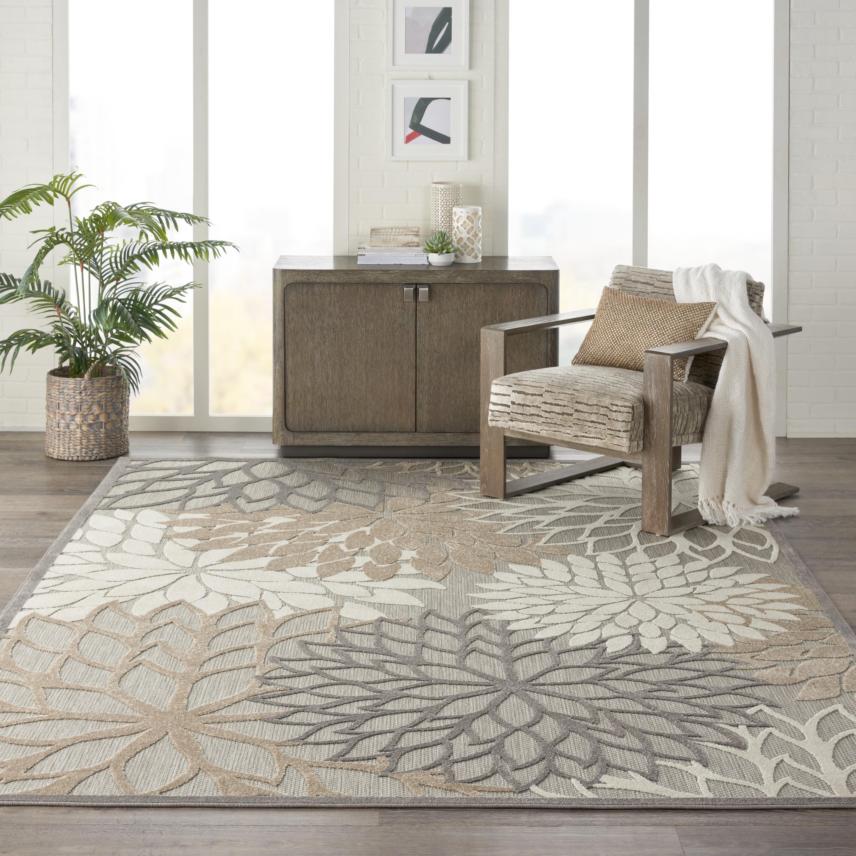 Gray and Brown Floral Flat Woven Rectangular Rug