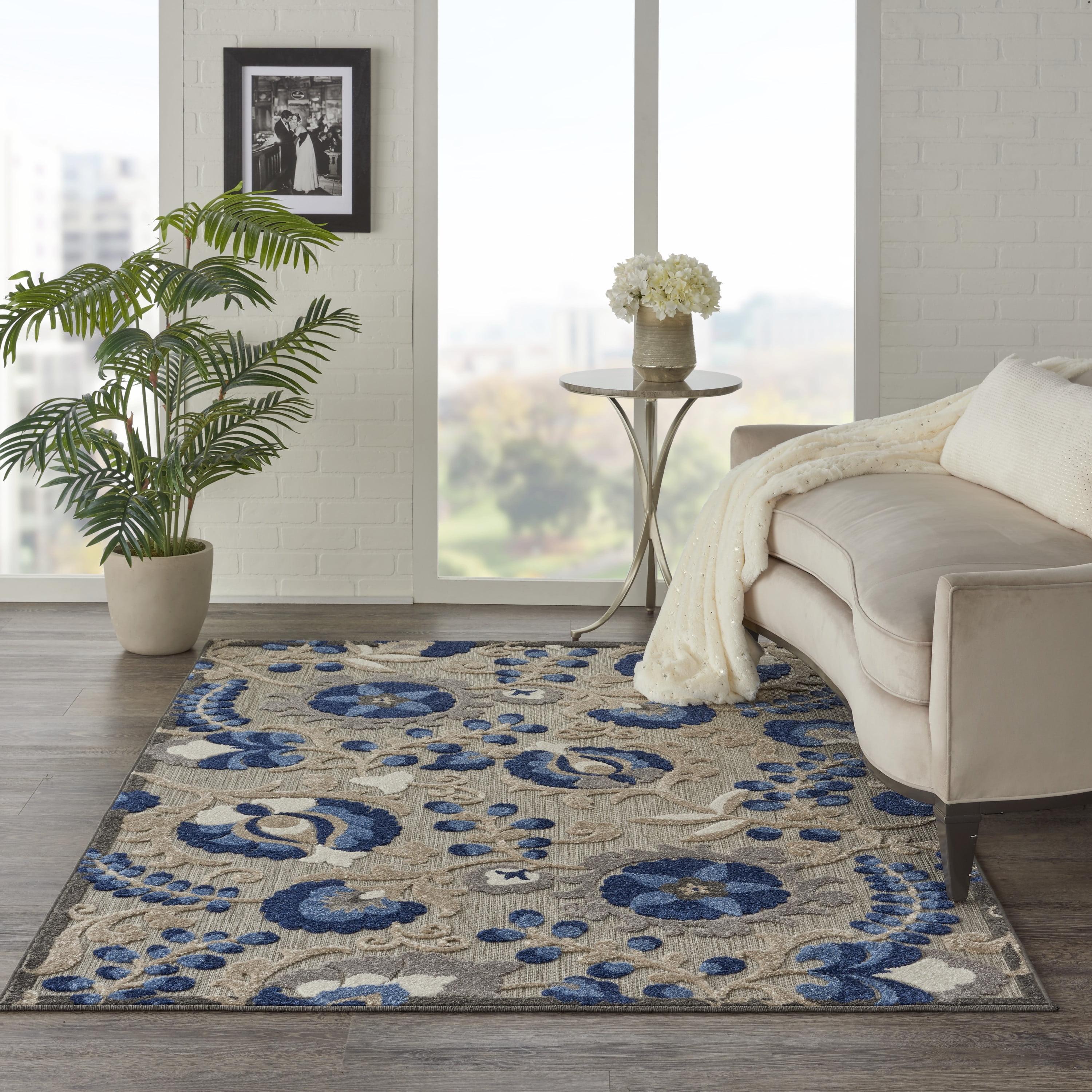 Natural Blue Floral Synthetic Medium Rectangular Rug