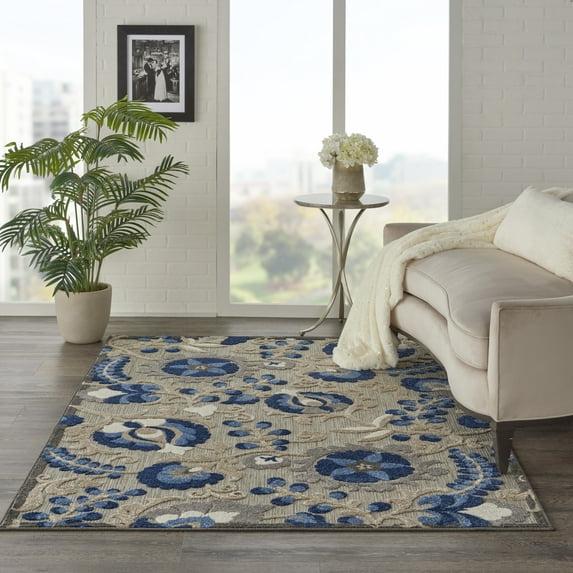 Nourison Aloha Floral Textured Flatweave High-Low Indoor Outdoor Area Rug Natural/Blue 3'6" x 5'6"