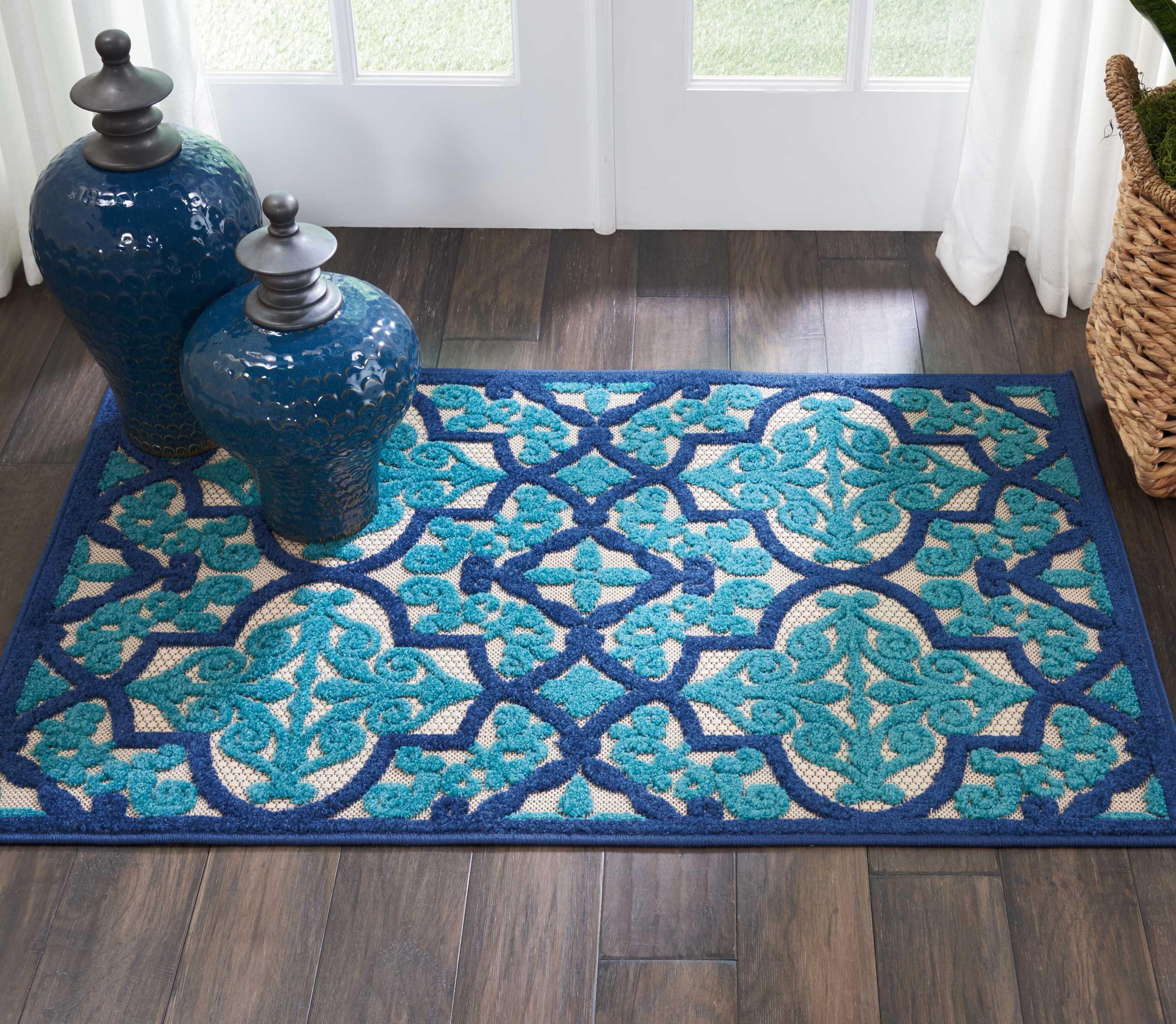 Nourison Aloha Moroccan Trellis Flatweave High-Low Indoor Outdoor Area Rug Navy 2'8" x 4'