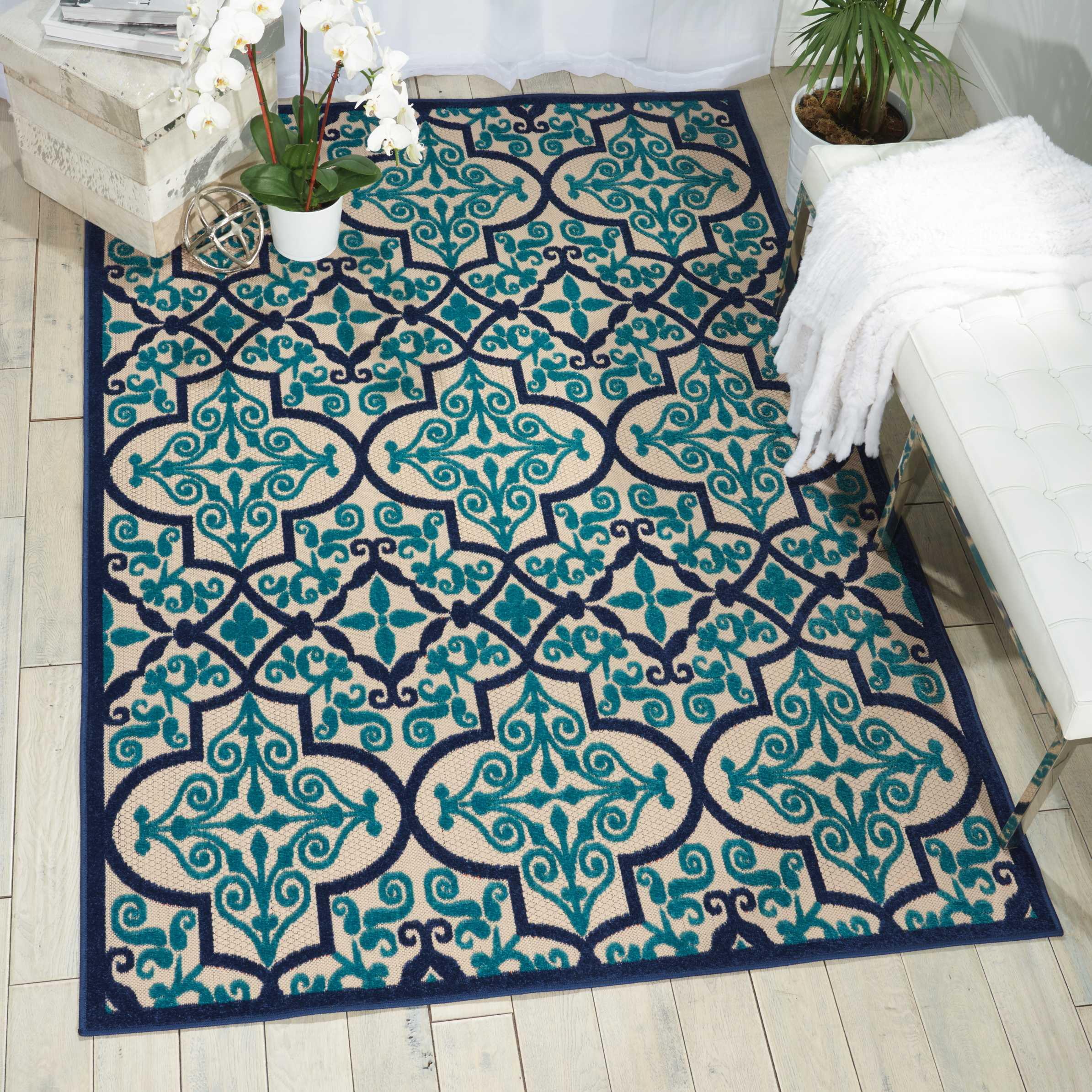 Nourison Aloha Moroccan Trellis Flatweave High-Low Indoor Outdoor Area Rug Navy 7'10" x 10'6"