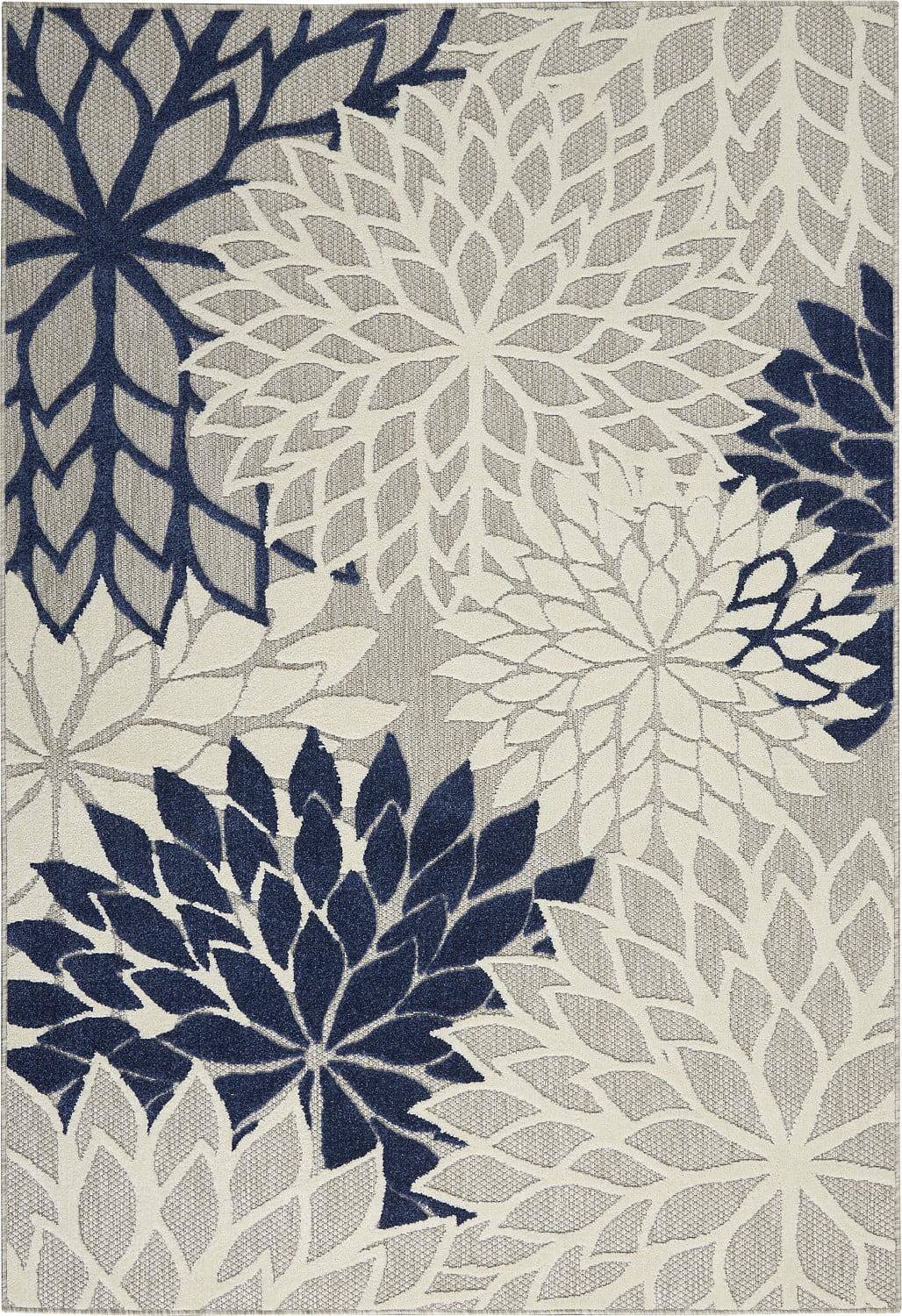 Ivory/Navy Floral Synthetic 4' x 6' Easy-Care Area Rug