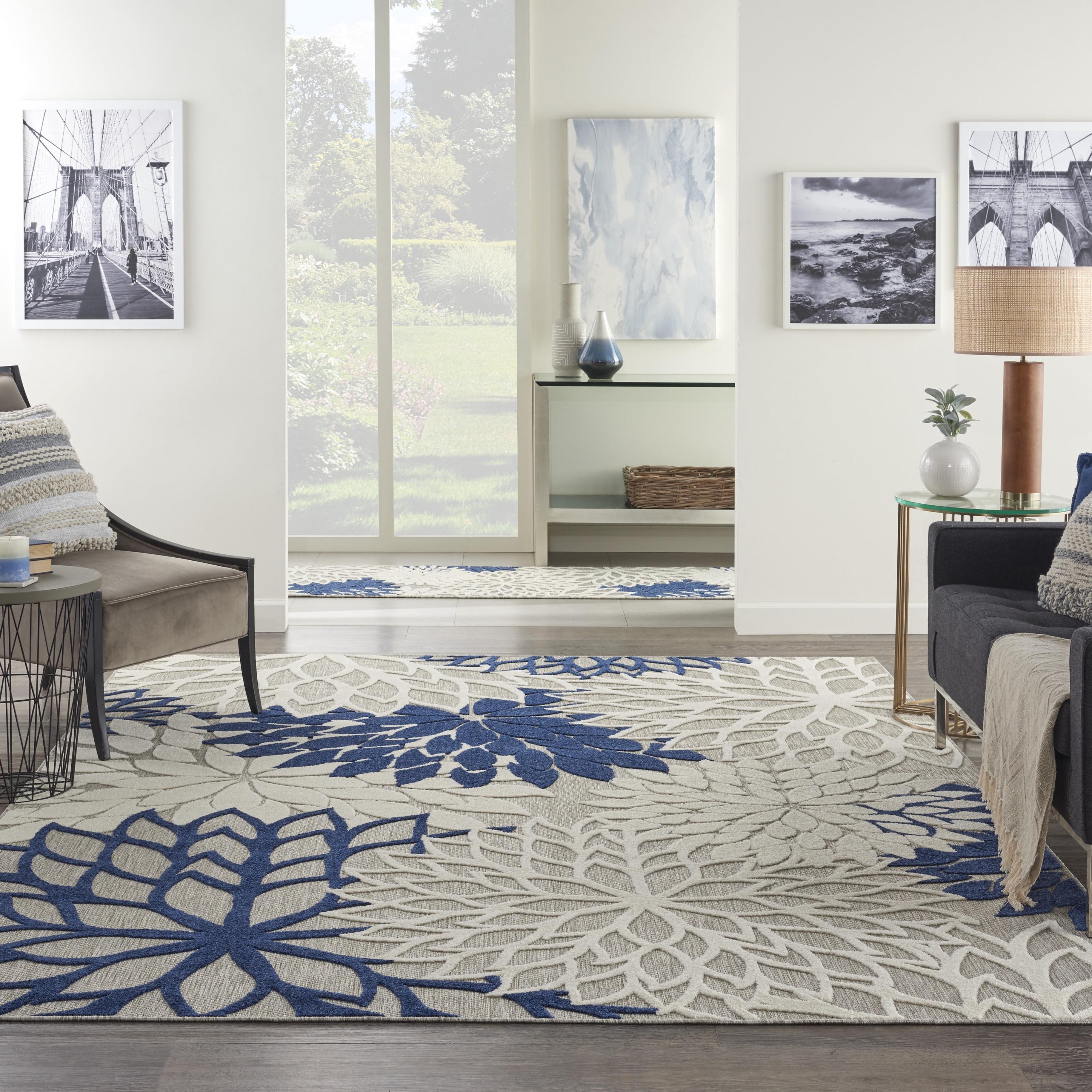 Nourison Aloha Floral Bloom Flatweave High-Low Indoor Outdoor Area Rug Ivory/Navy 7'10" x 10'6"