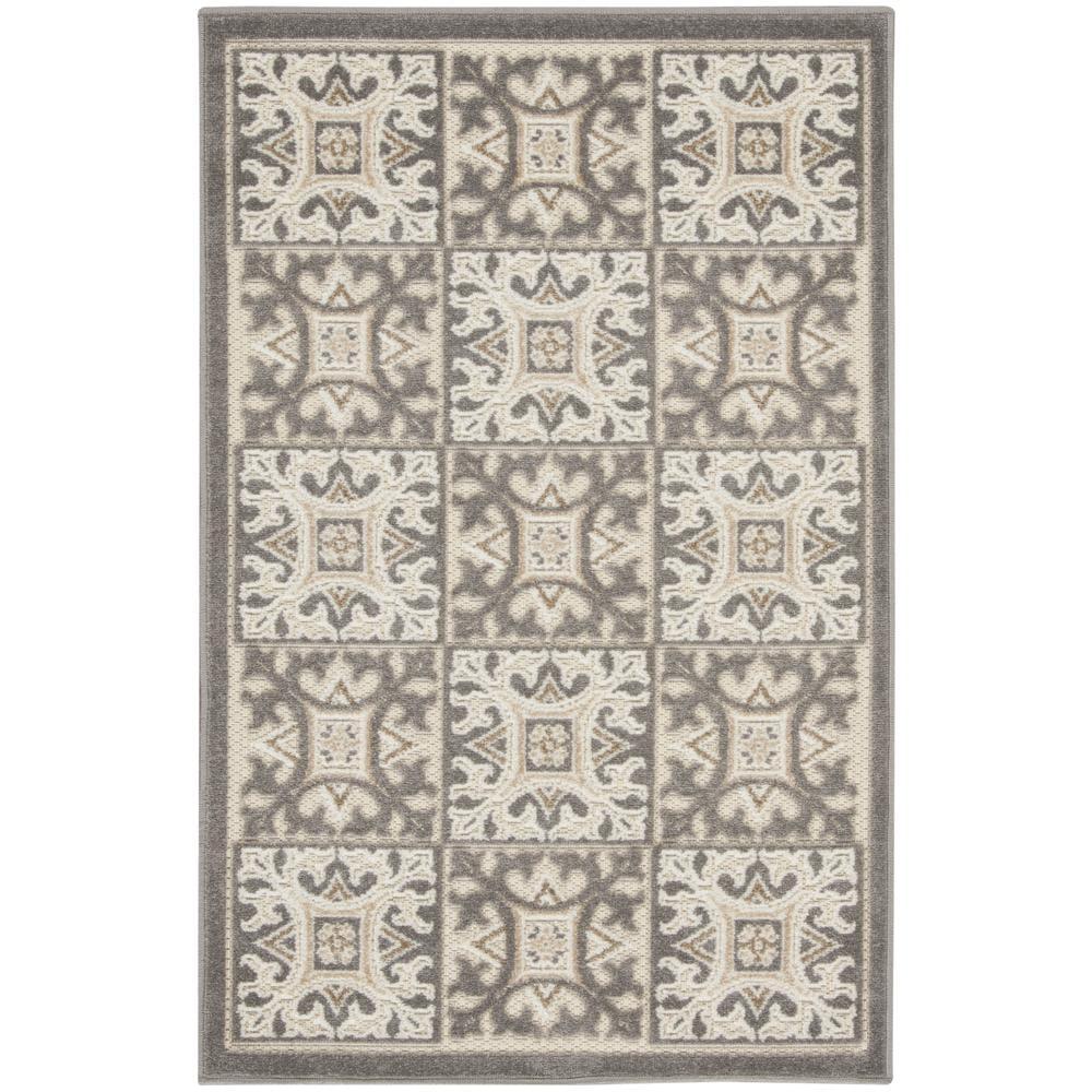 Nourison Aloha Modern Mosaic Flatweave High-Low Indoor Outdoor Area Rug Ivory Grey 2'8" x 4'