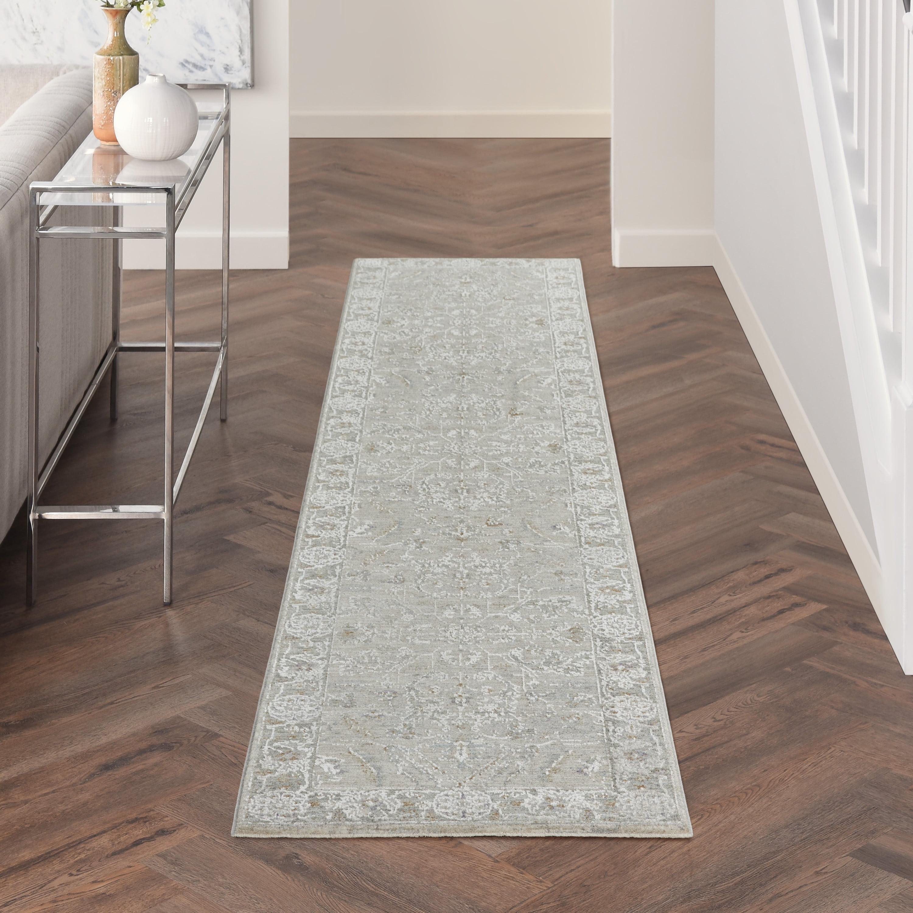 Serene Light Grey Floral Hand-Knotted 2'3" x 10'2" Synthetic Area Rug