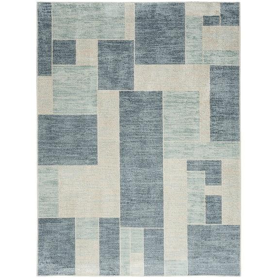 Nourison Astra Machine Washable Contemporary Color Block Indoor Rug Blue Ivory 5'3" x 7'