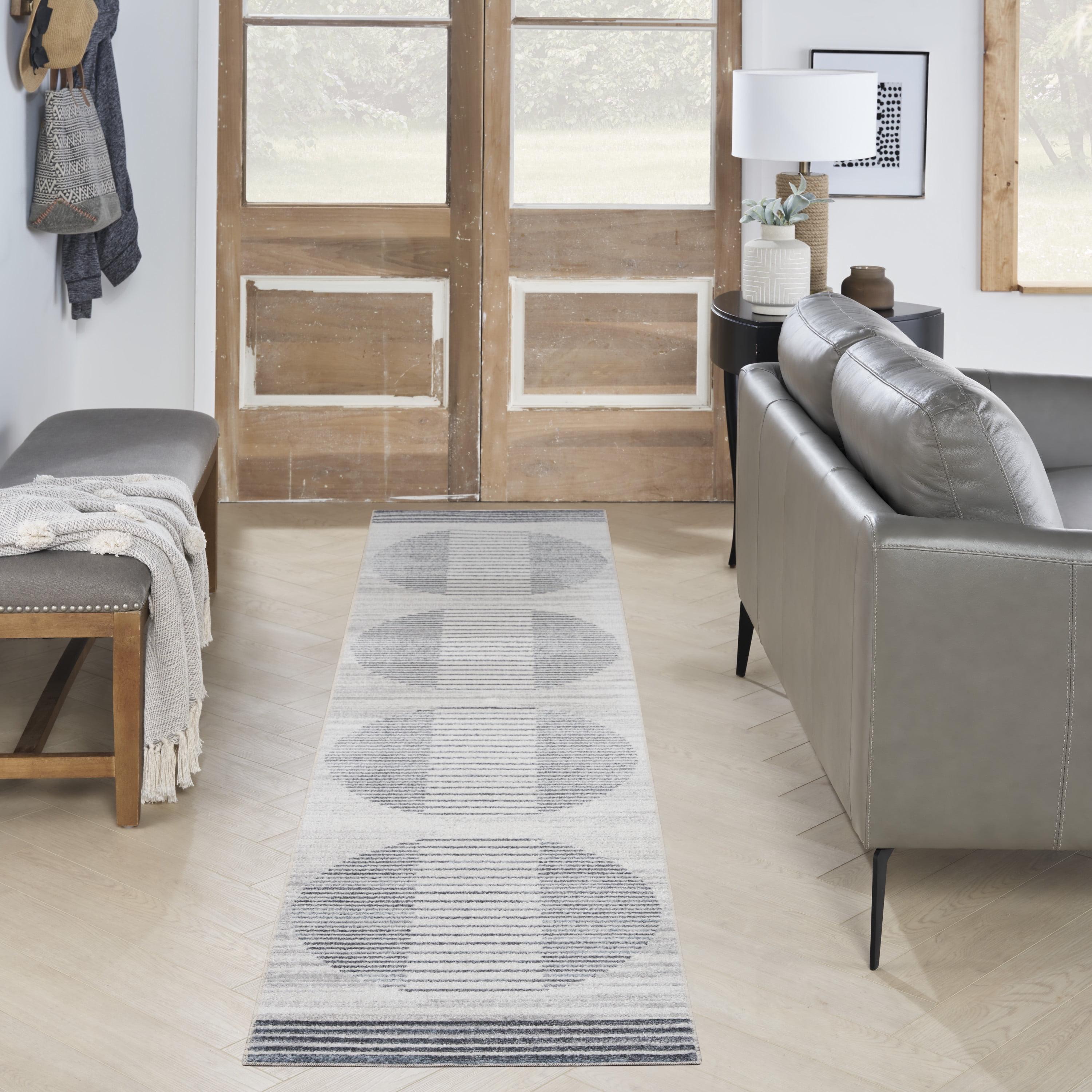 Nourison Astra Machine Washable Stripe Circle Mid-Century Modern Indoor Bathroom, Kitchen Runner Rug Ivory Blue 2'2" x 10'