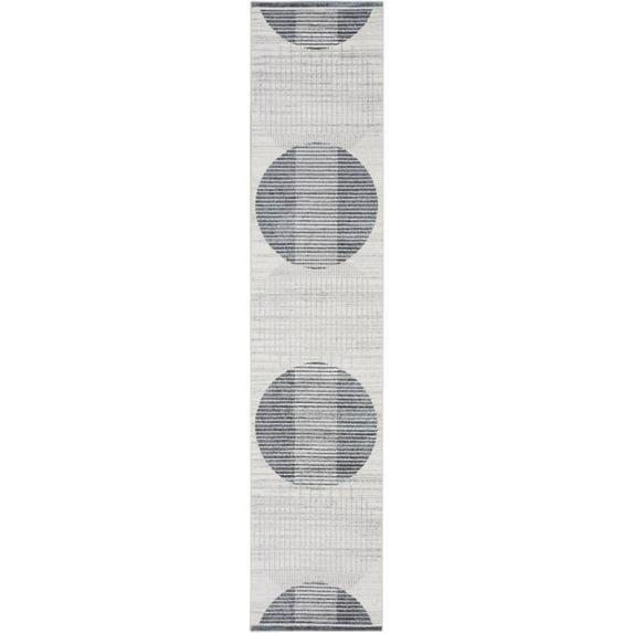 Nourison Astra Machine Washable Semi Circles Mid-Century Modern Indoor Bathroom, Kitchen Runner Rug Ivory Blue 2'2" x 12'