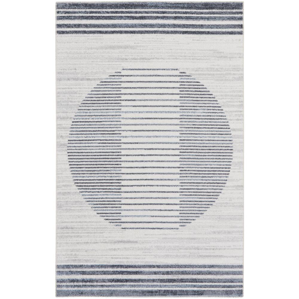 Nourison Astra Machine Washable Stripe Circle Mid-Century Modern Indoor Rug Ivory Blue 2'2" x 4'