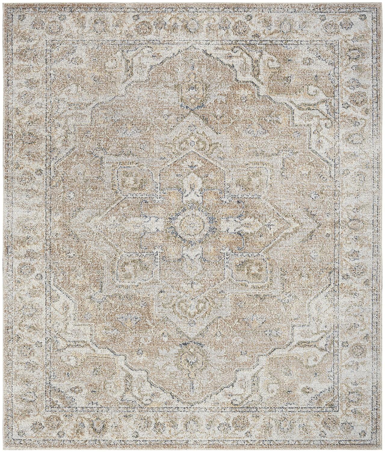 Beige Floral Medallion Washable Synthetic 8' x 10' Area Rug