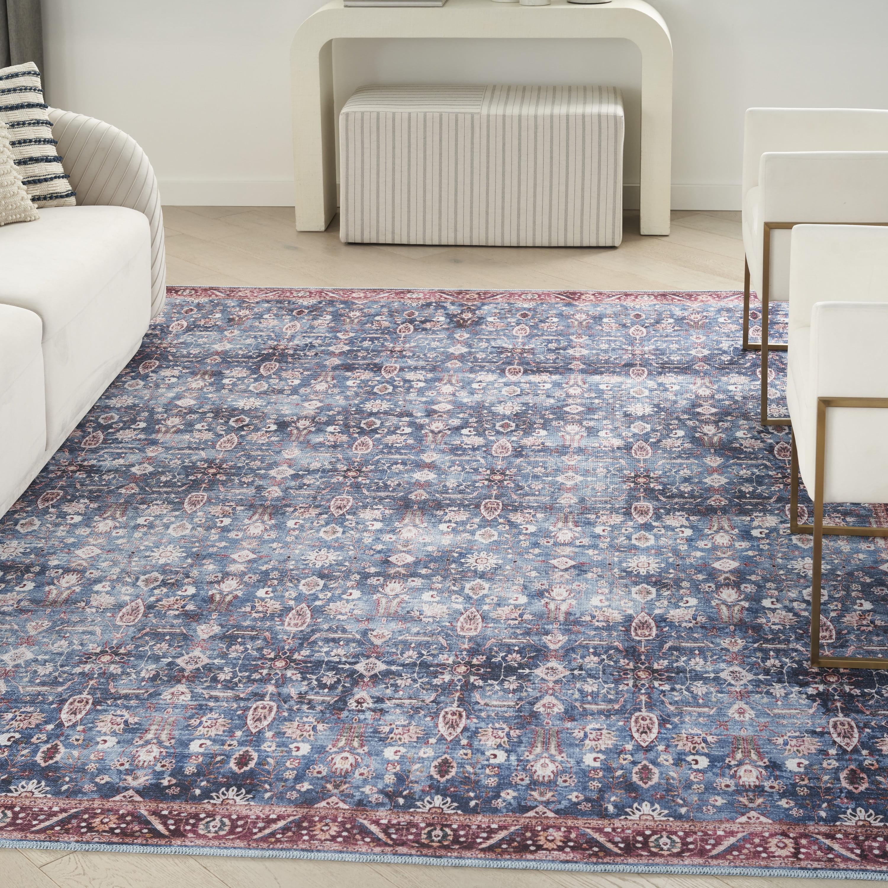 Blue and Brick Floral 5' x 7' Washable Synthetic Rug