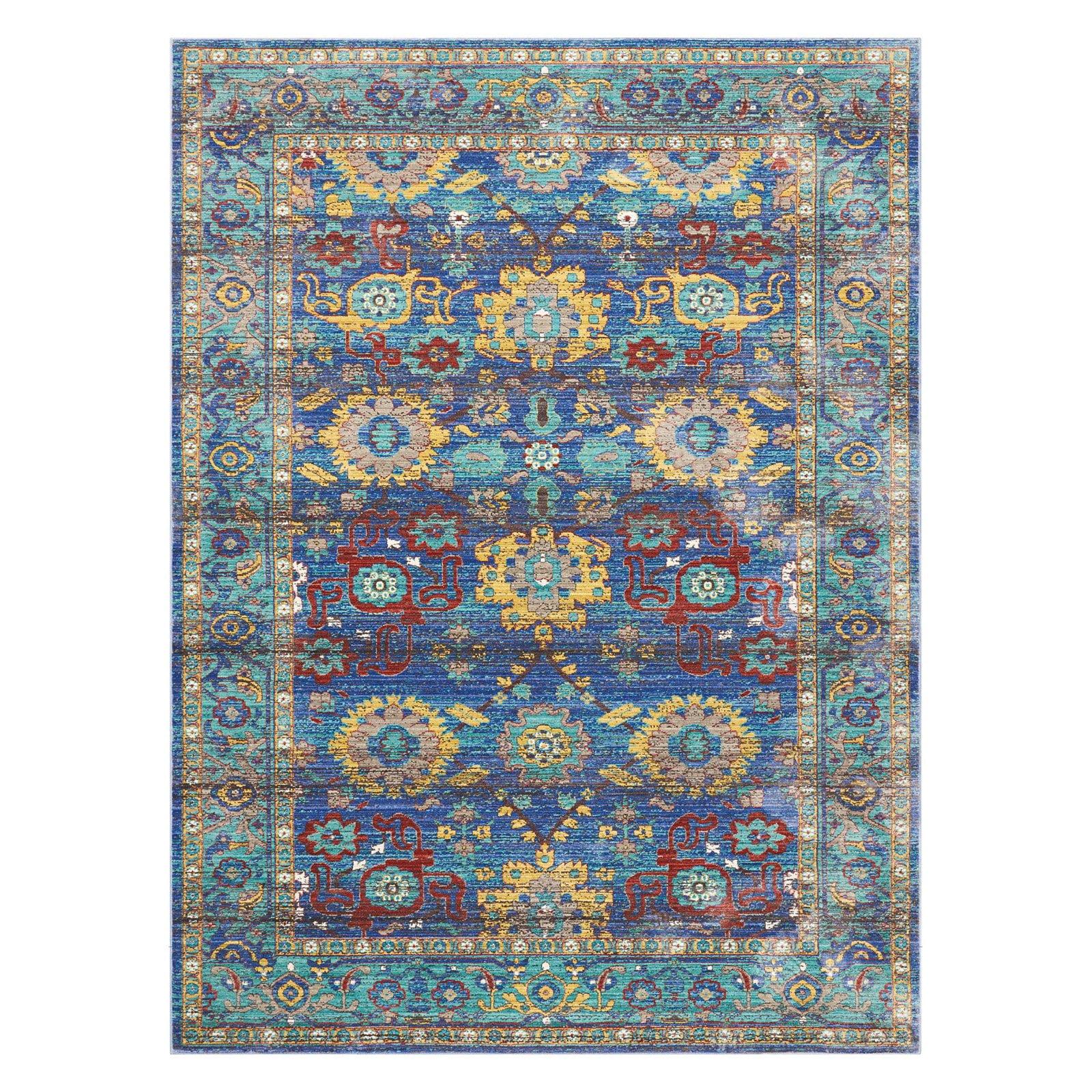 Bohemian Bliss Blue Floral Low-Pile Synthetic Area Rug, 2' x 3'