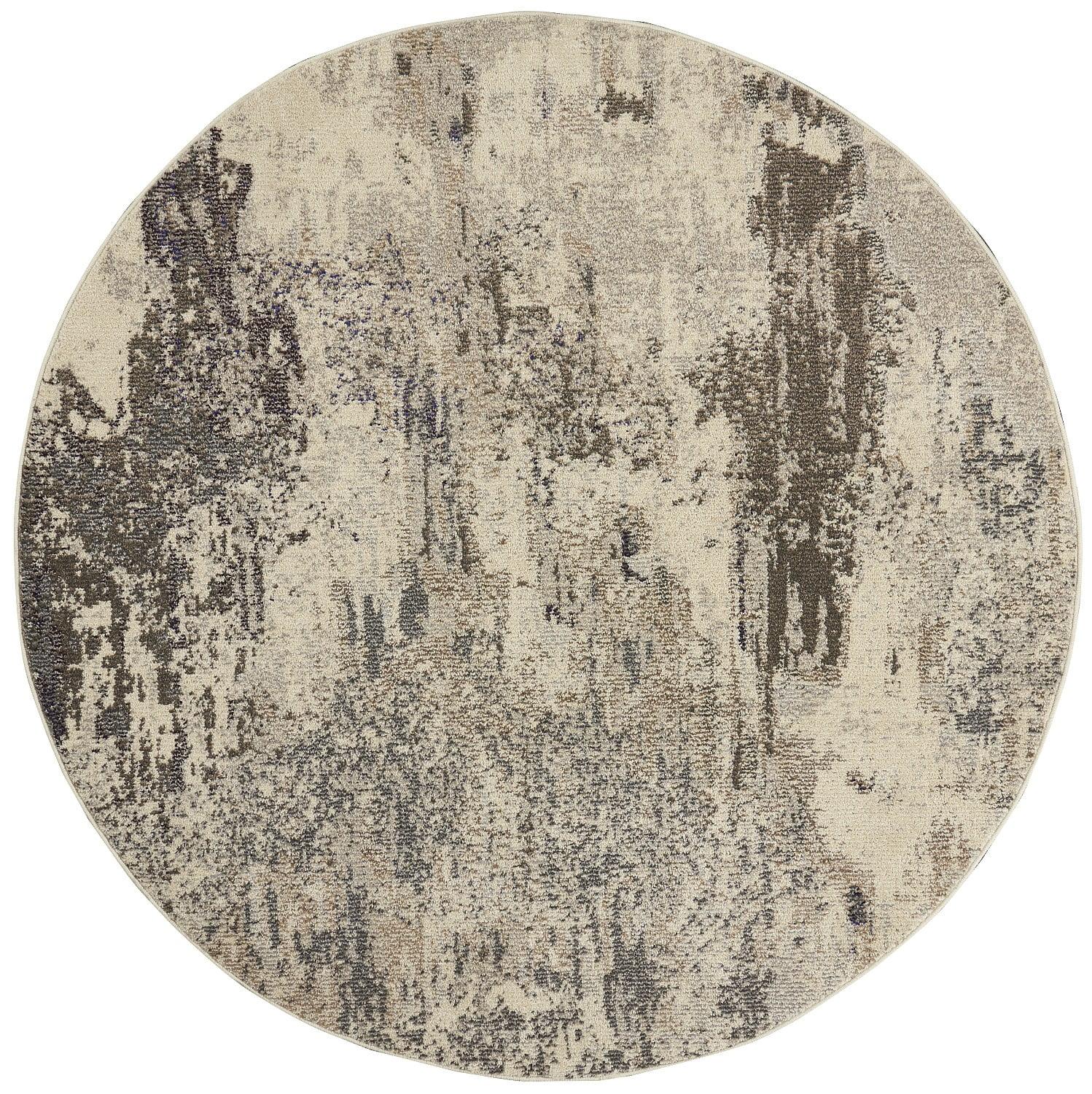 Ivory and Grey Abstract Round Hand-knotted Area Rug