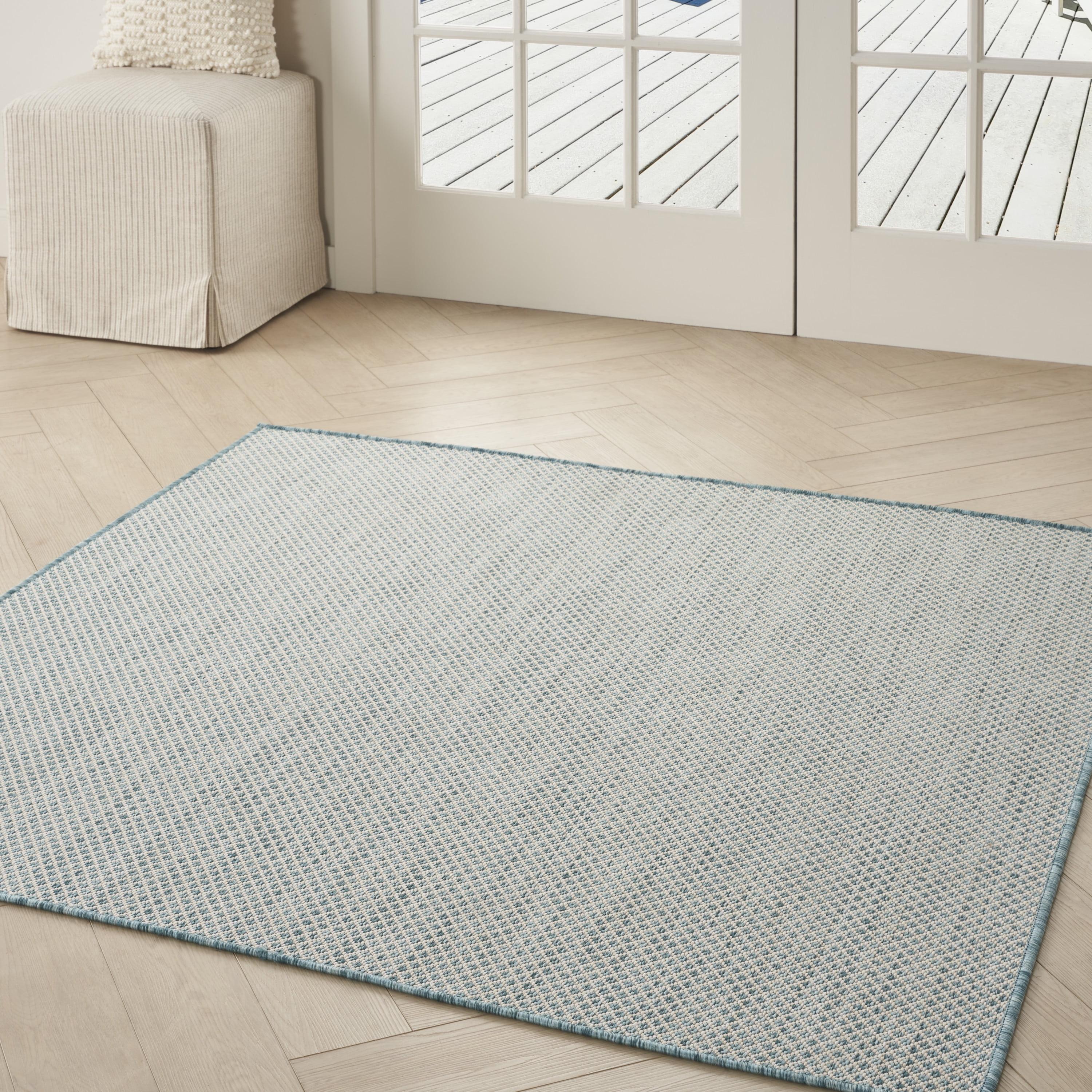 Ivory Aqua Geometric Synthetic Square Area Rug 5'x5'