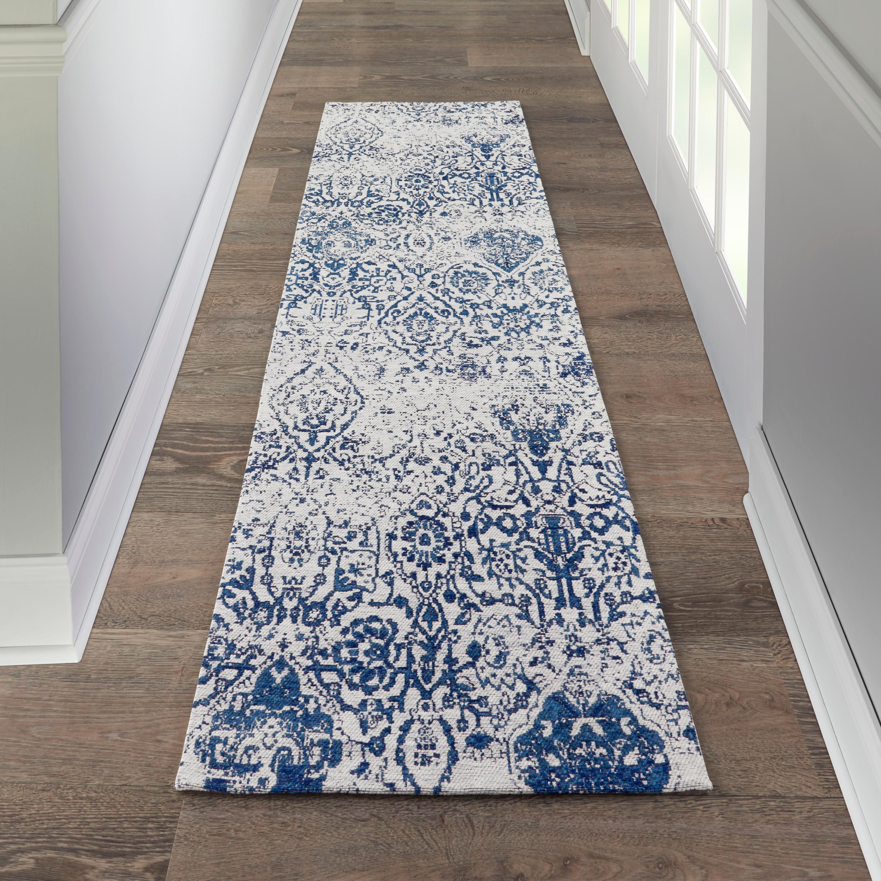 Nourison Damask Distressed Modern Ivory/Navy 2'3" x 7'6" Area Rug, (8' Runner)