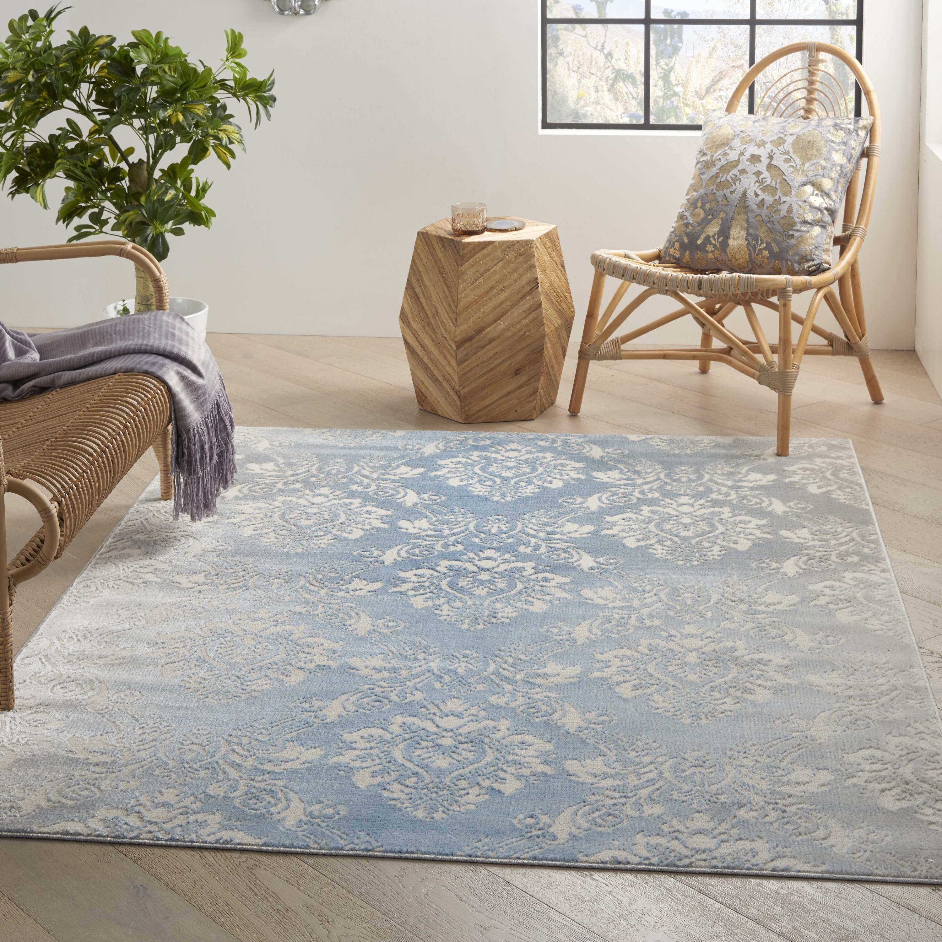 Ivory Blue Floral 5' x 7' Handmade Synthetic Area Rug