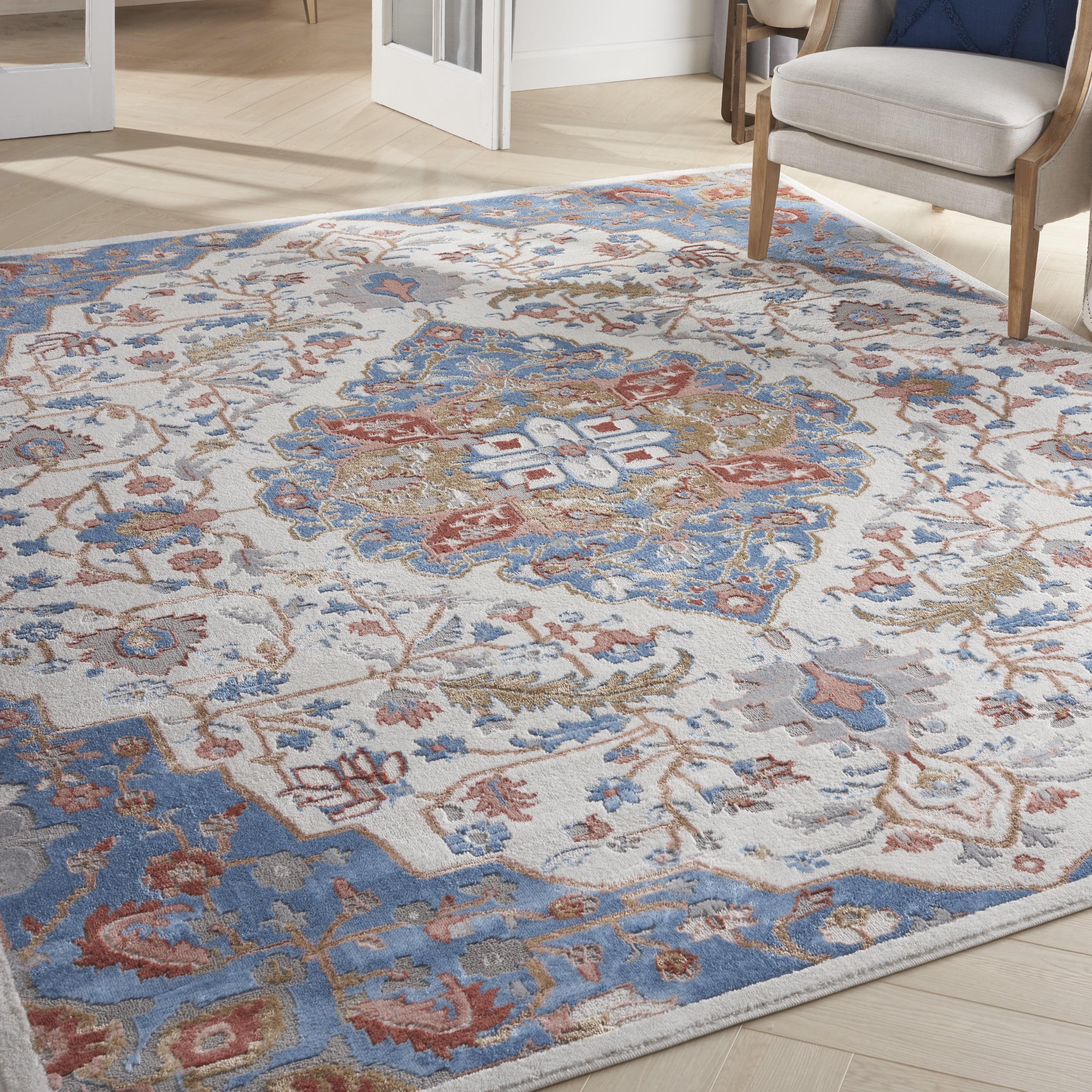 Ivory Blue Floral Medallion 8' x 10' Synthetic Rug