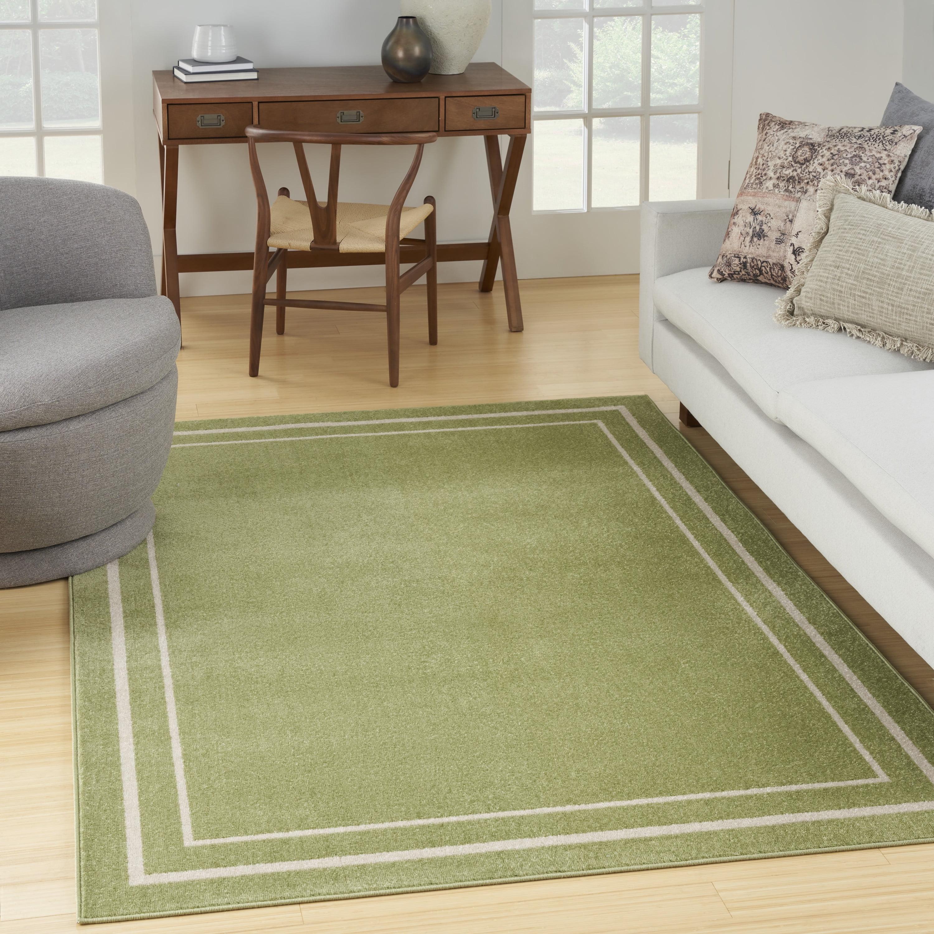 Nourison Essentials Solid Bordered Low Pile Indoor Outdoor Area Rug 5' x 7' Green Ivory