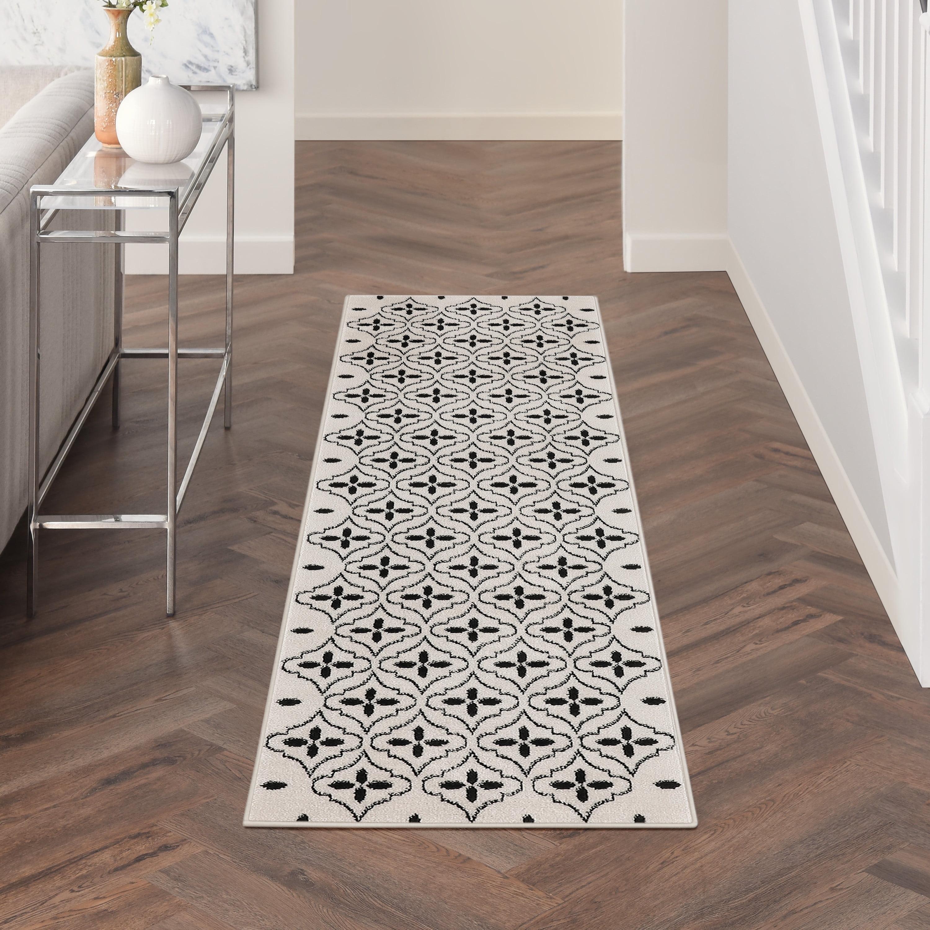 Ivory Black Moroccan Trellis Indoor Outdoor Runner Rug