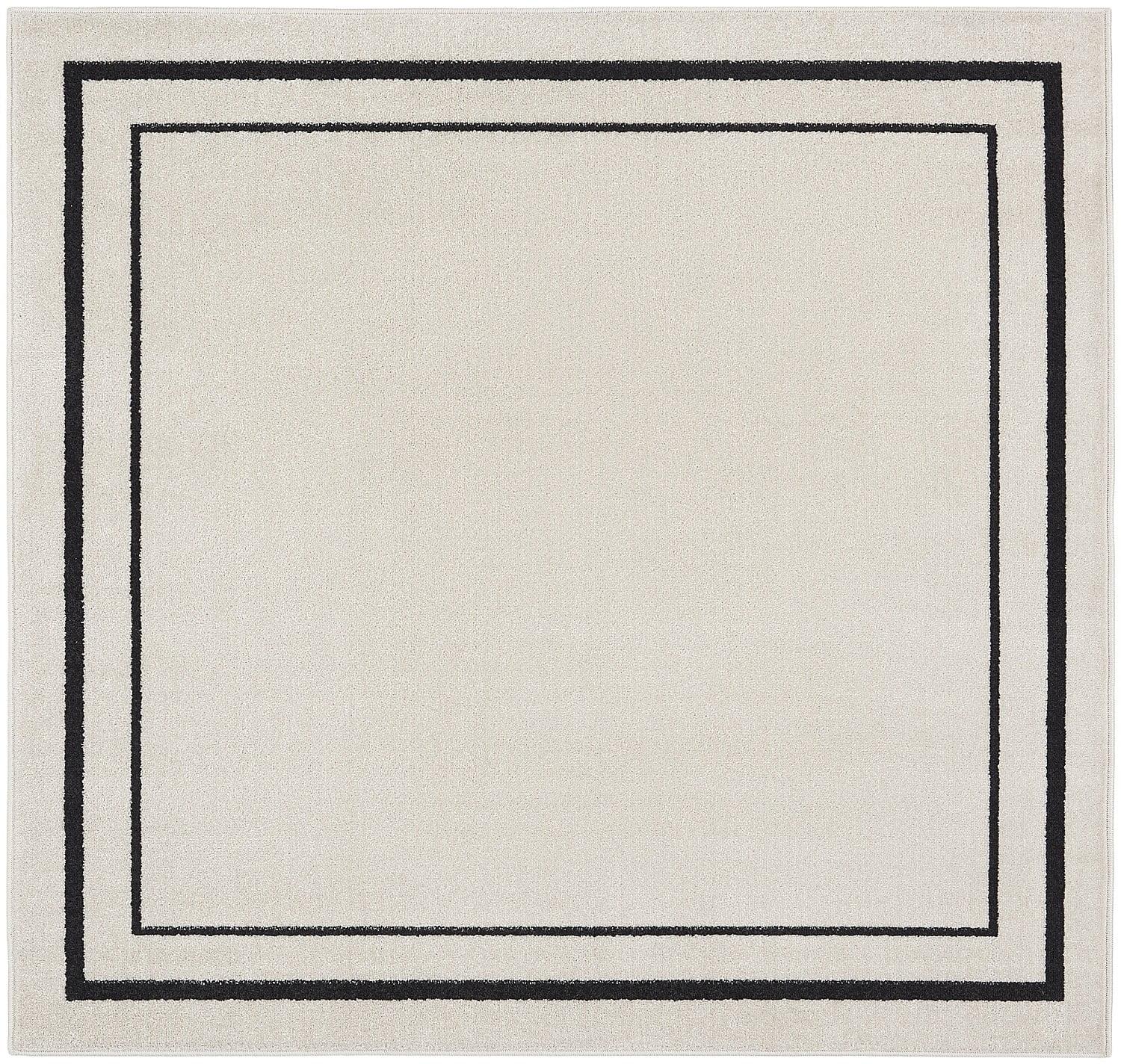 Contemporary Ivory/Black Square Outdoor Rug, Easy-Care Synthetic