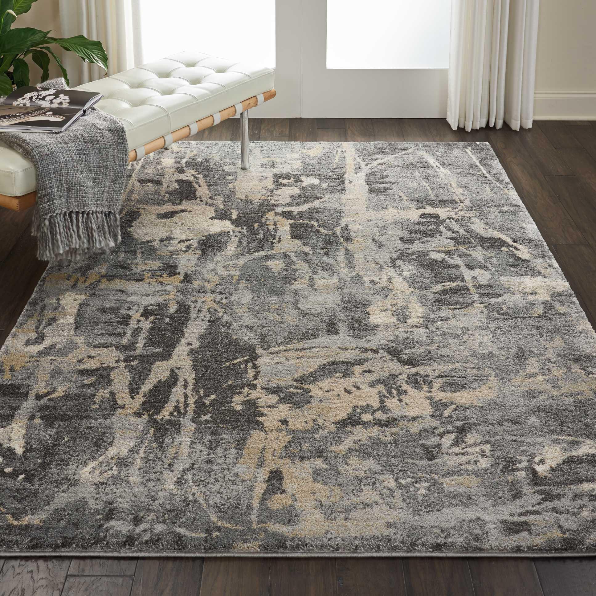 Elysian Abstract Gray Synthetic 5' x 7' Stain-Resistant Rug