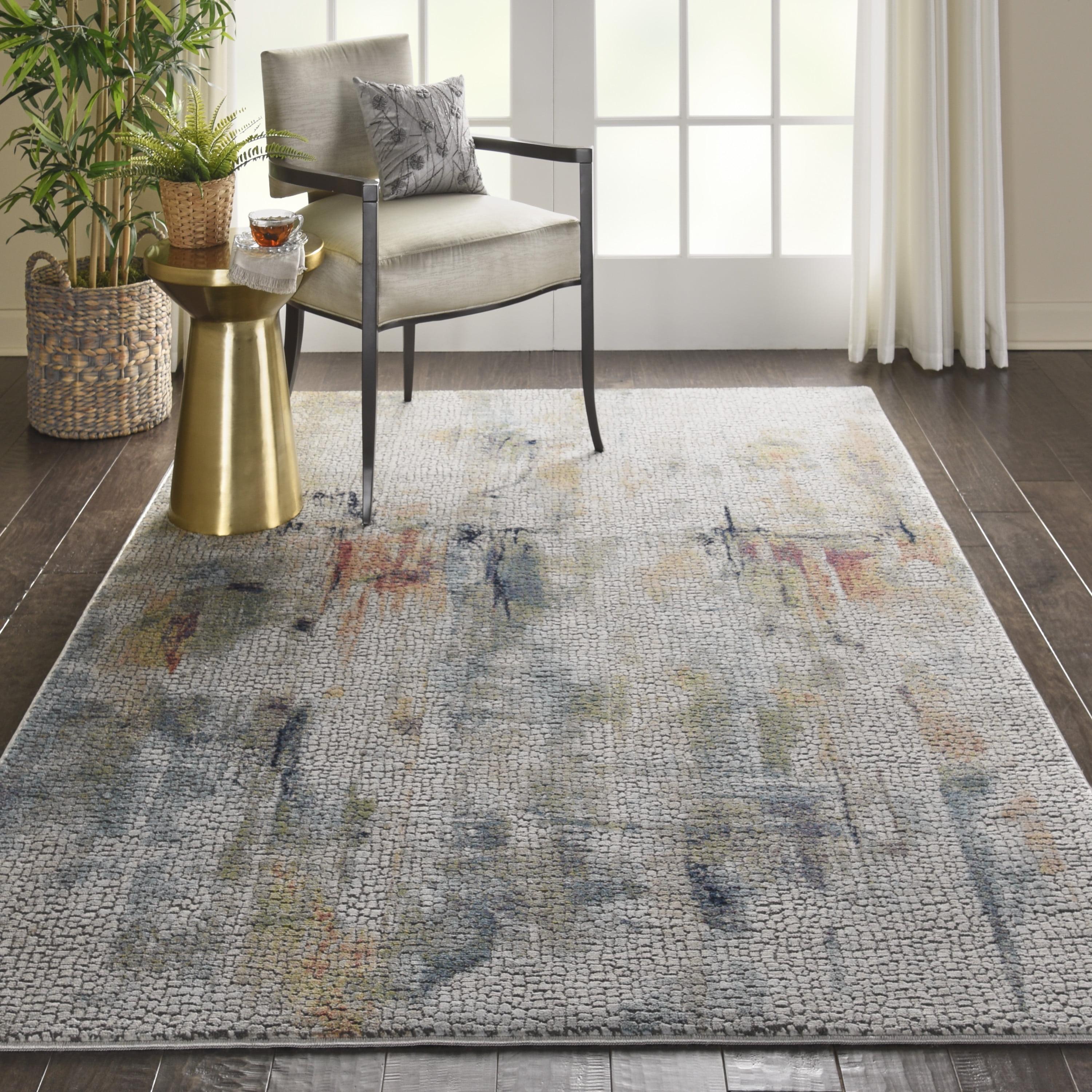 Abstract Ivory and Multicolor Silky Texture 4' x 6' Synthetic Rug