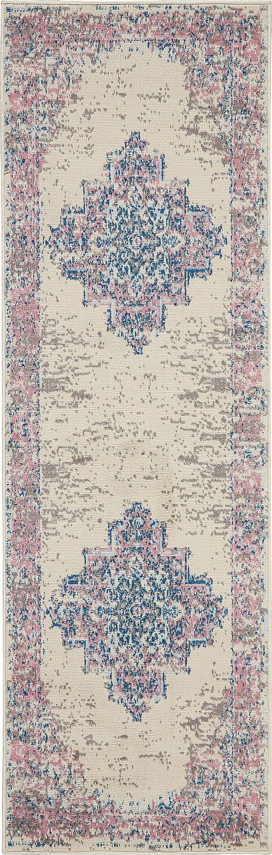 Elegant Ivory & Pink Medallion Hand-Knotted Runner Rug