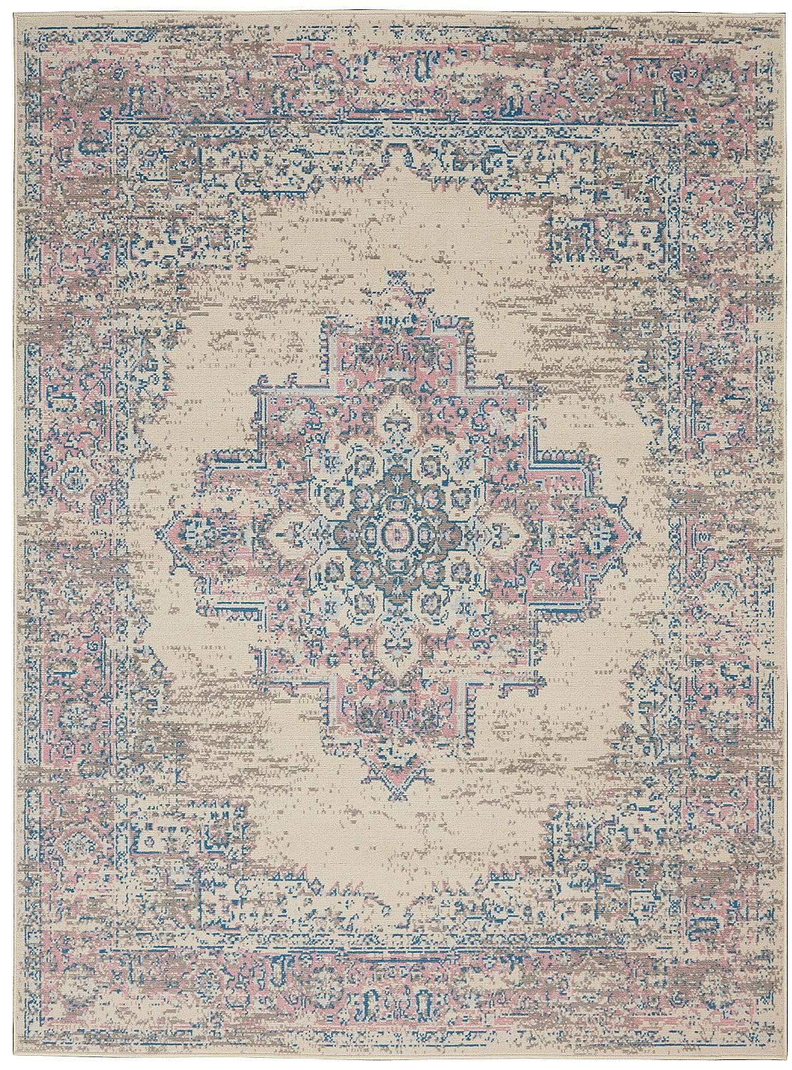 Ivory/Pink/Blue Hand-knotted Synthetic Medallion Area Rug