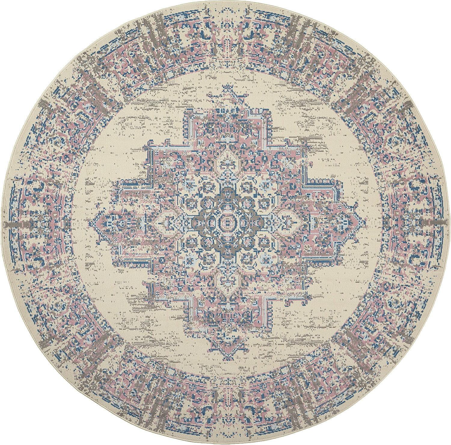 Elegant Medallion Hand-Knotted Round Rug in Ivory and Pink