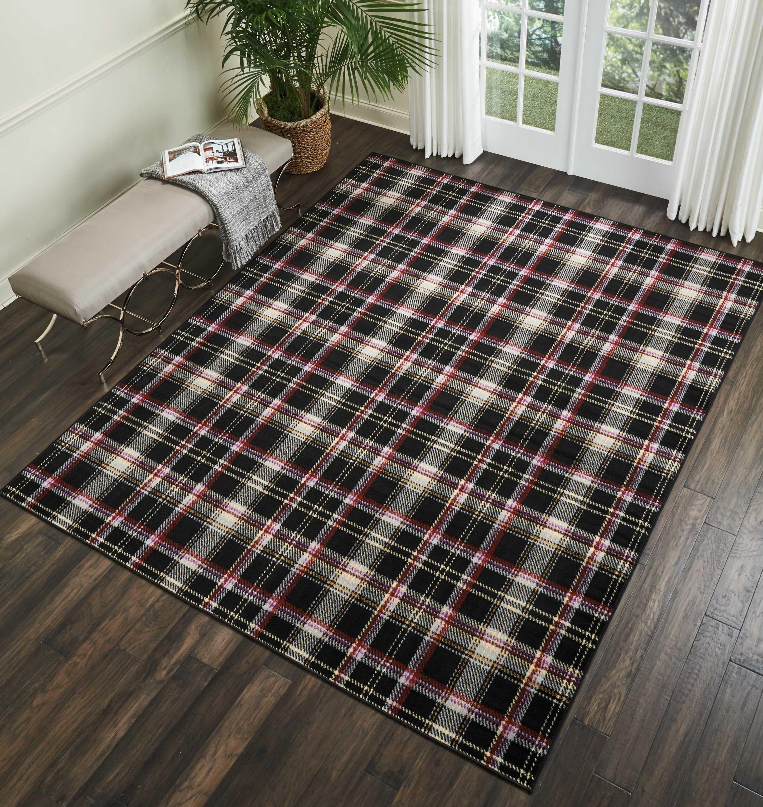 Hand-Knotted Black Plaid 8' x 10' Synthetic Area Rug