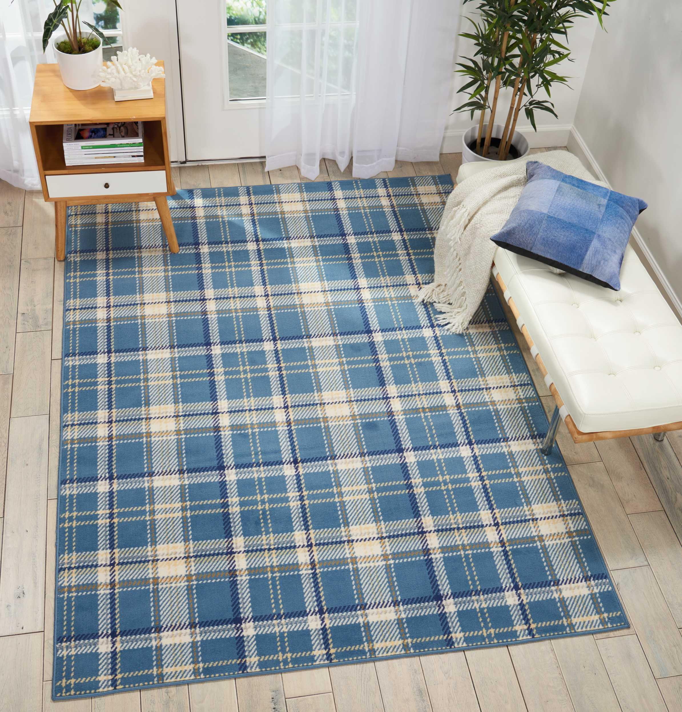 Blue Plaid 5' x 7' Hand-Knotted Synthetic Reversible Rug