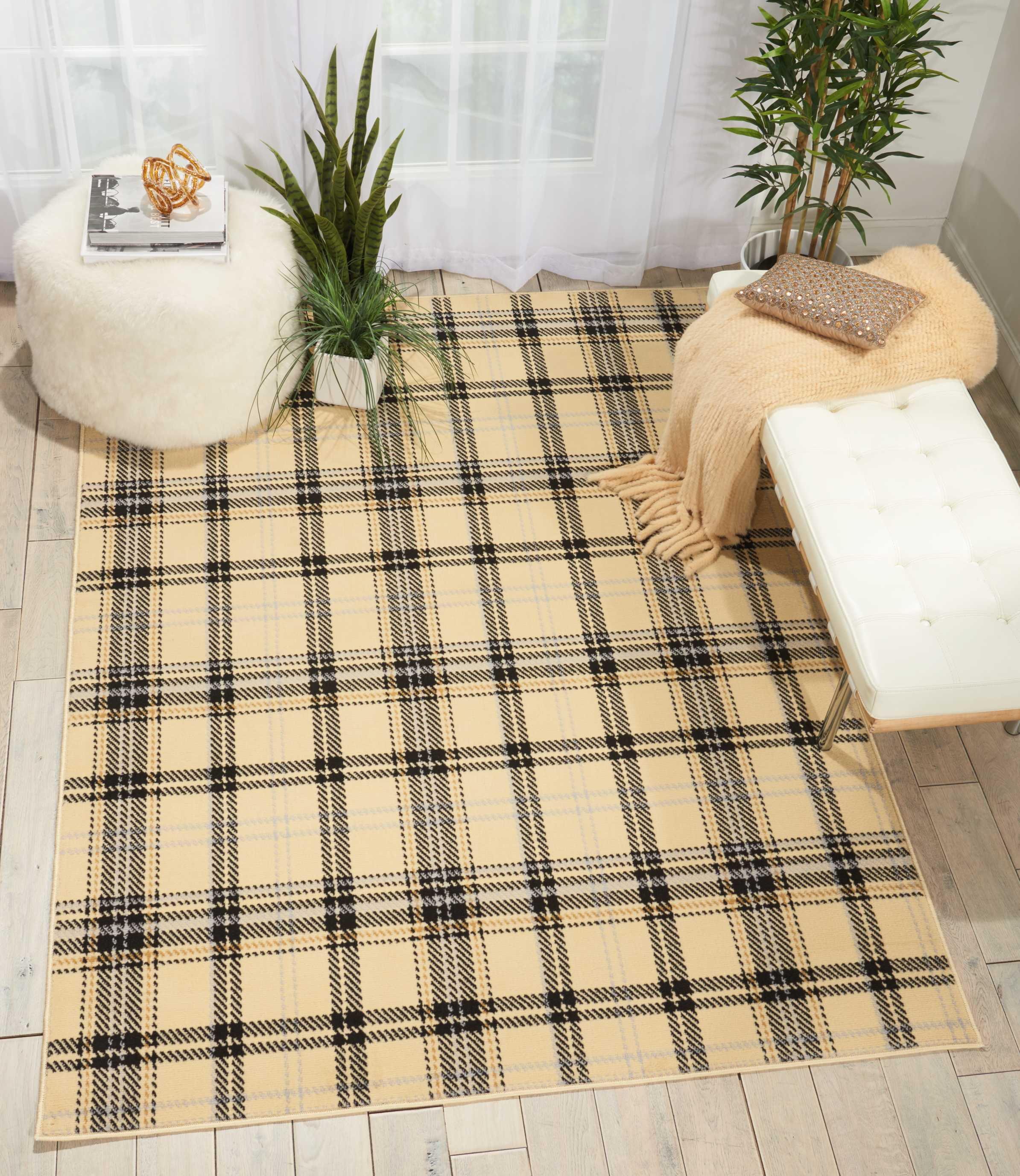 Handmade Cream & Black Plaid 5' x 7' Synthetic Area Rug