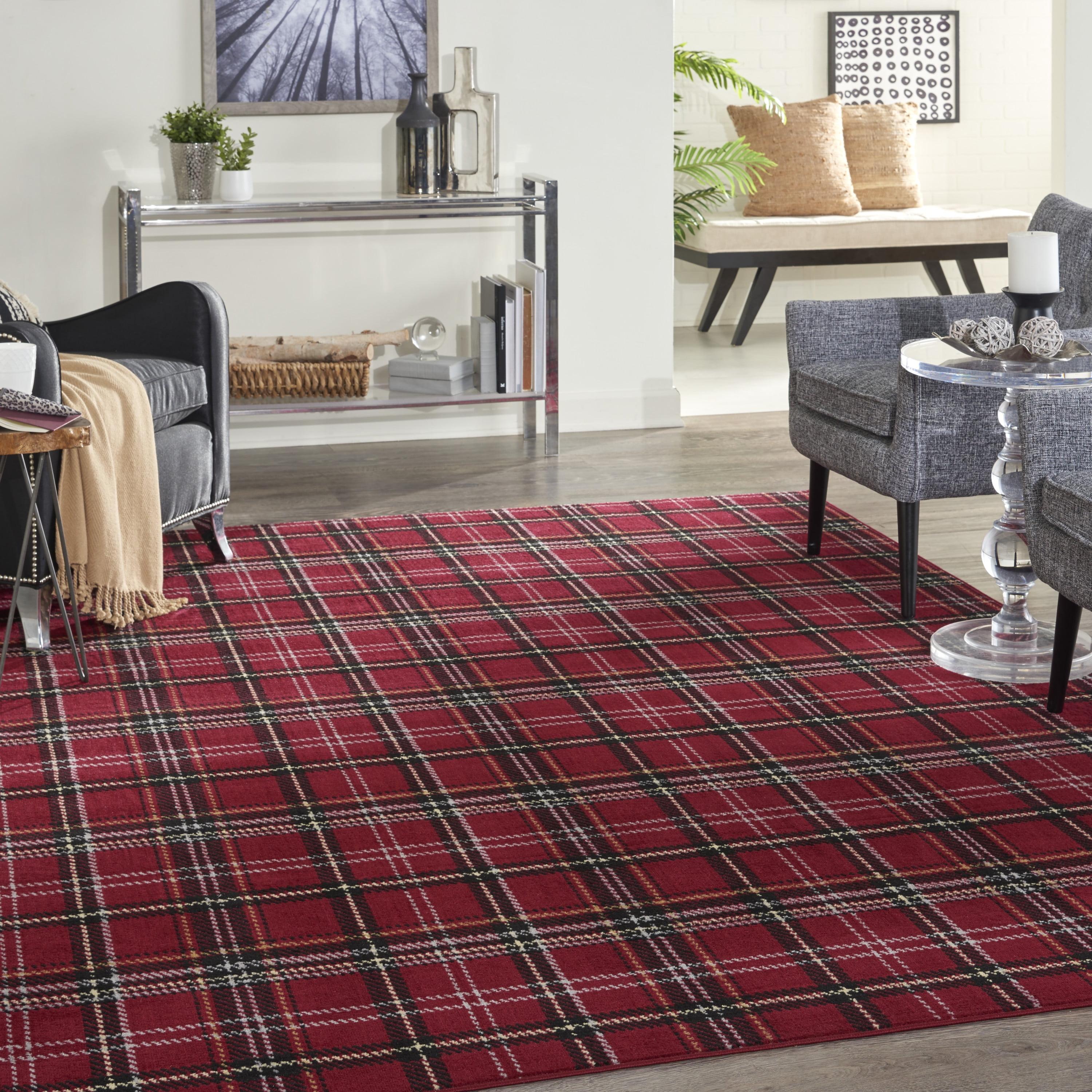 Red Plaid Rectangular Synthetic Area Rug 7' x 10'